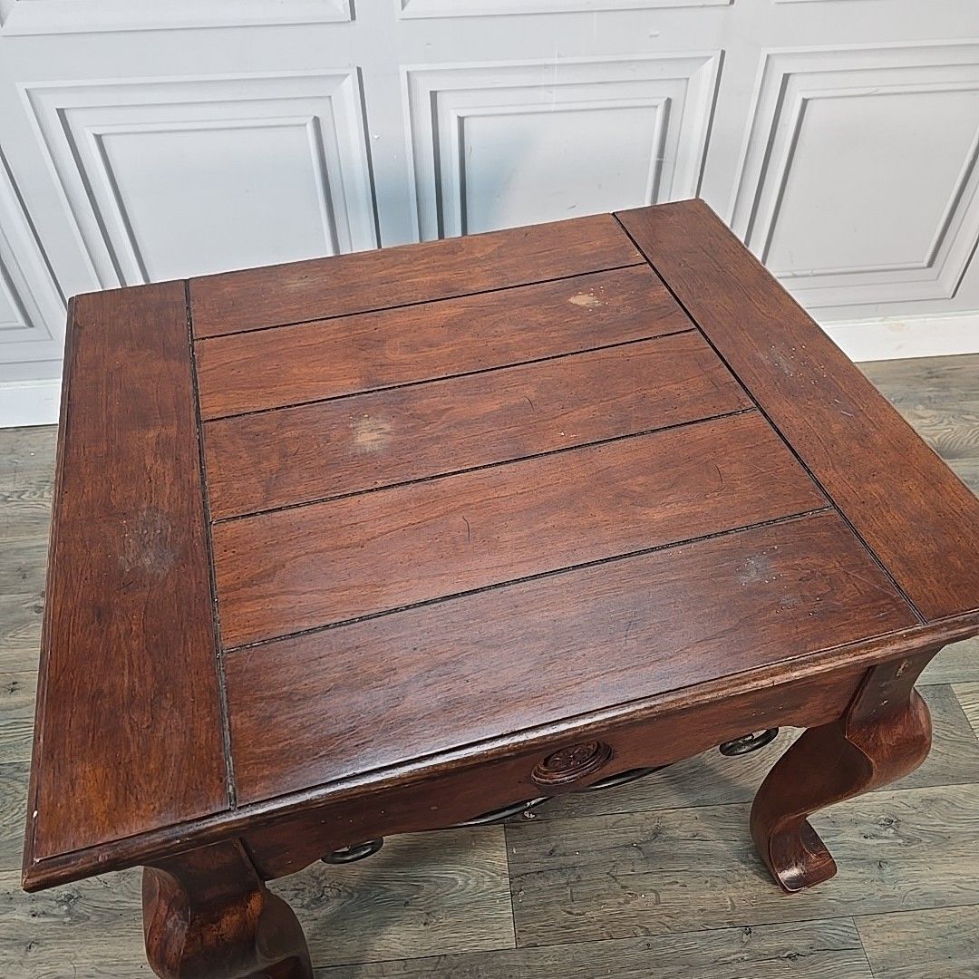Vintage Square Coffee Table Chunky Cabriole Legs Rustic Iron Stretchers photo Furniture