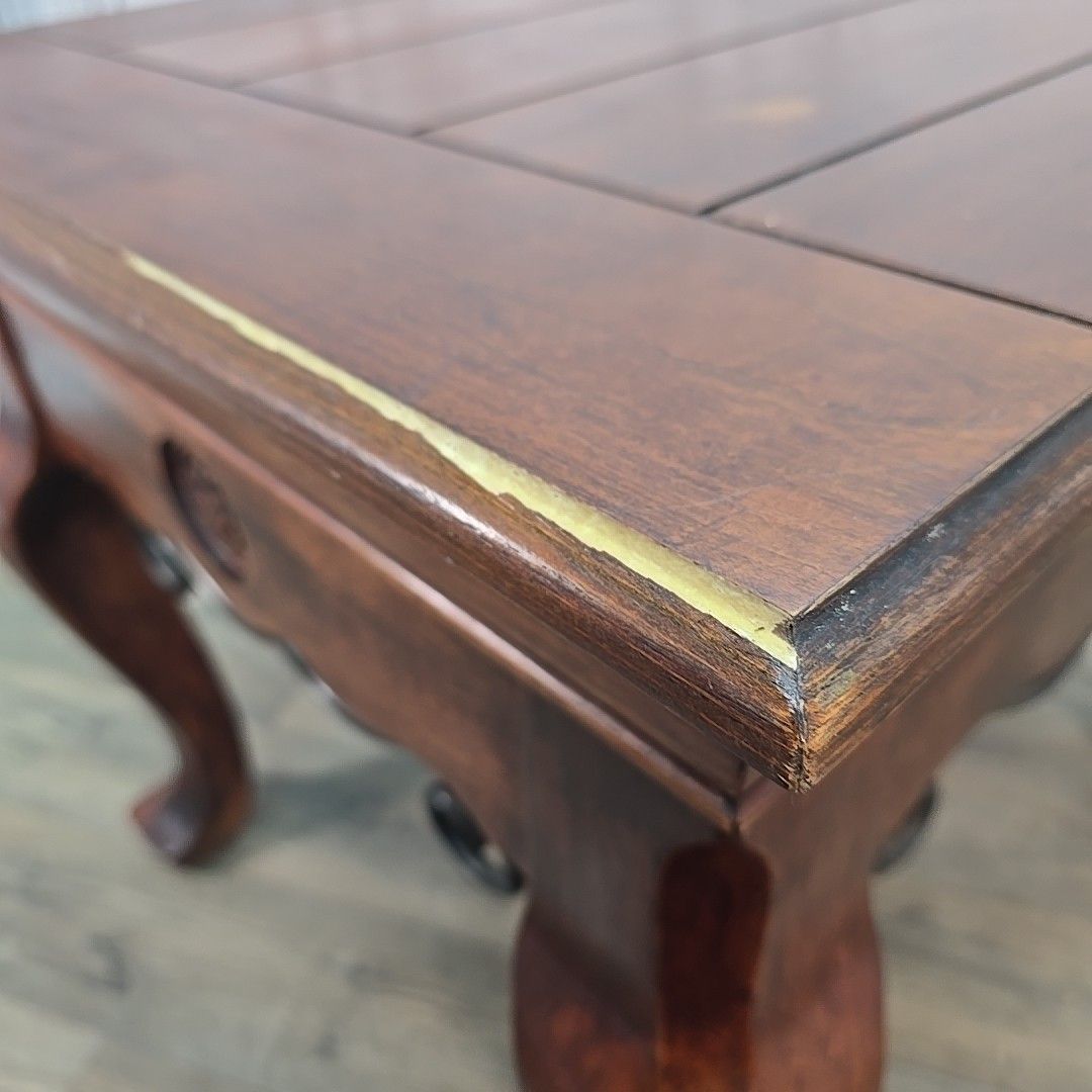 photo vinterior Vintage Square Coffee Table Chunky Cabriole Legs Rustic Iron Stretchers