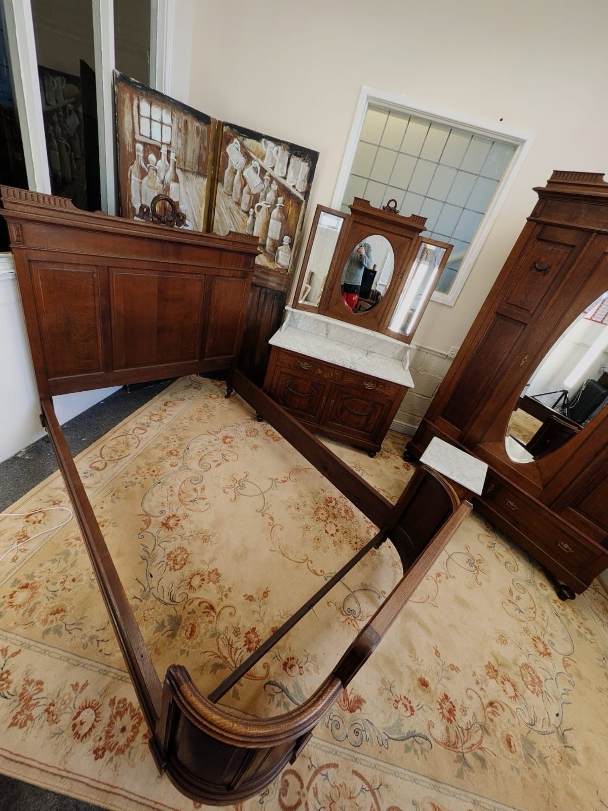 Solid Oak Carved French Continental 4 Piece Double Wardrobe Bedroom Suite C1900 photo Furniture