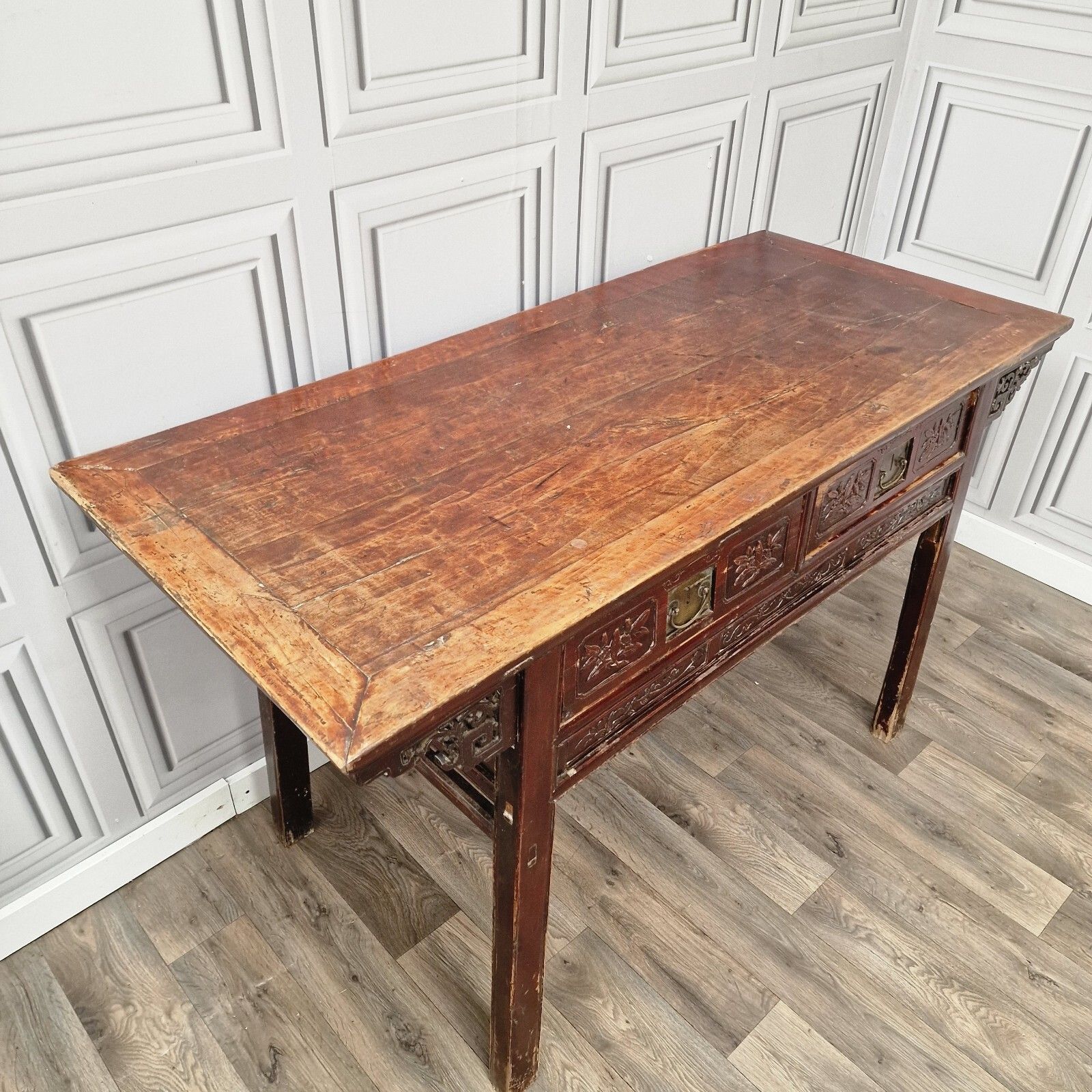 Antique Chinese Altar Table 19th Century Solid Wooden Bench Carved Oriental photo vintage