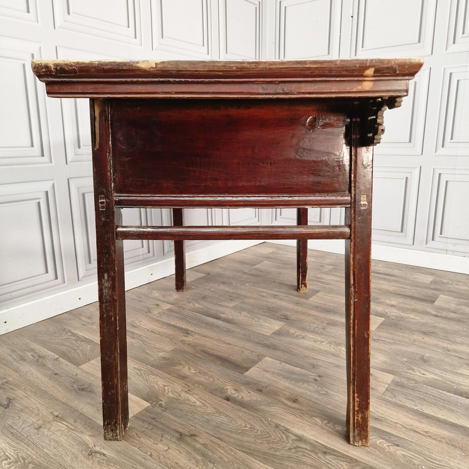 photo vintage Antique Chinese Altar Table 19th Century Solid Wooden Bench Carved Oriental