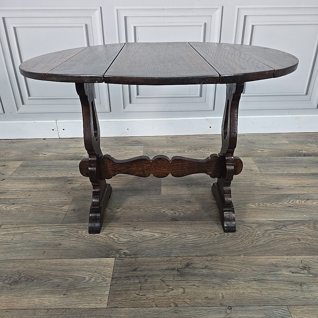 photo vinterior Antique Drop Leaf Table Wooden Sofa Coffee Oval Top Carved Trestle Base Oak