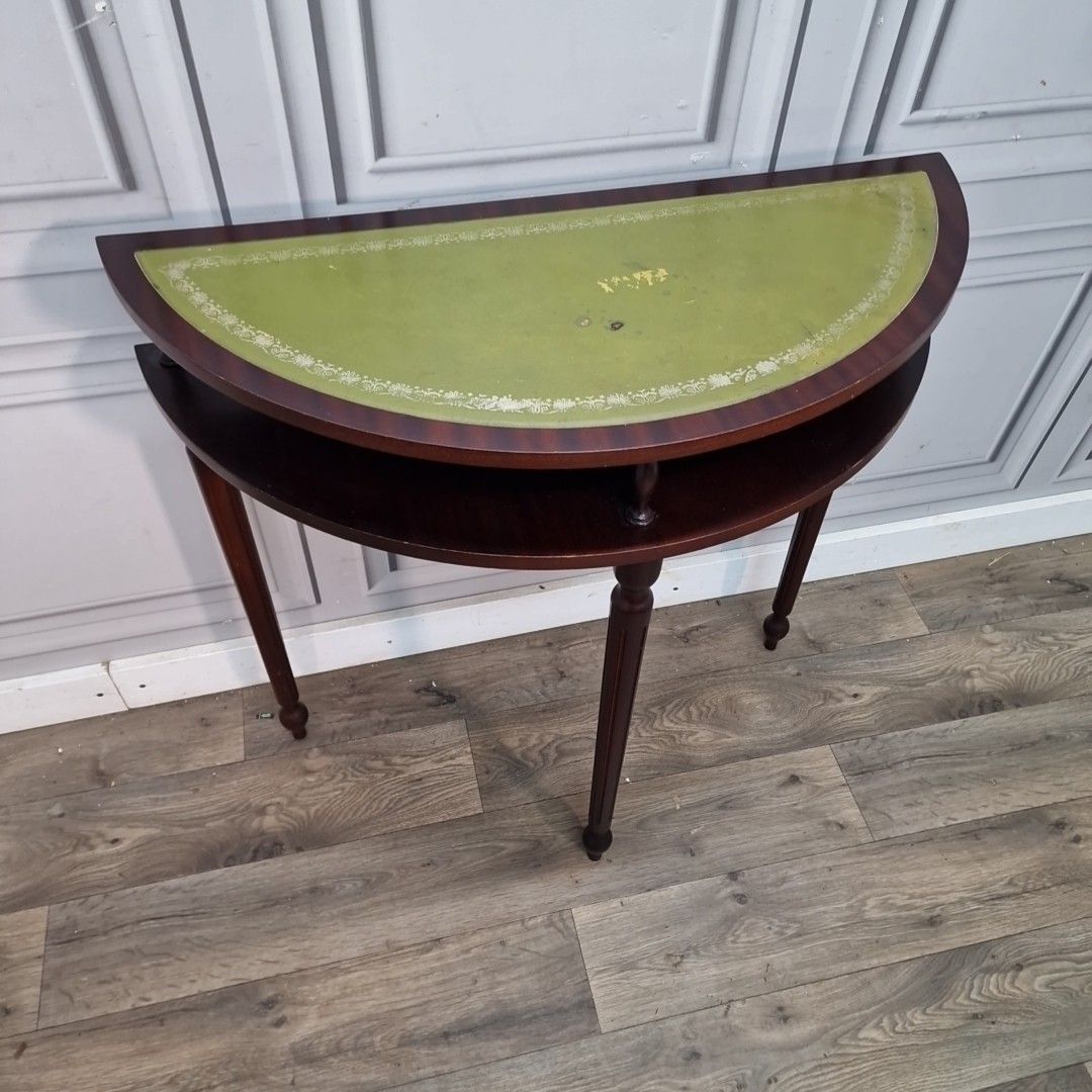 Vintage Console Hall Table Mahogany Demi Lune Half Moon Retro Green Leather photo for sale
