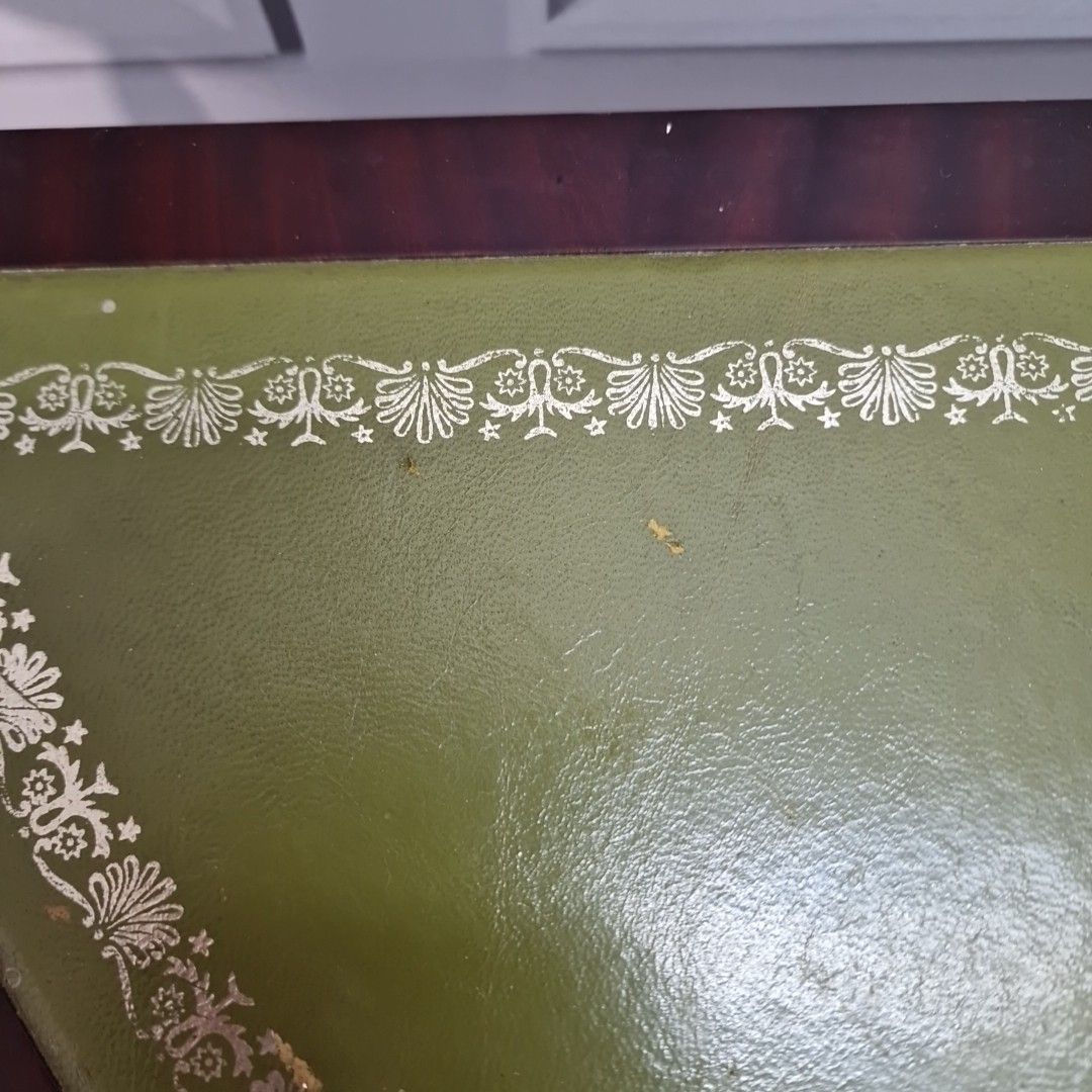Vintage Console Hall Table Mahogany Demi Lune Half Moon Retro Green Leather photo 70.0