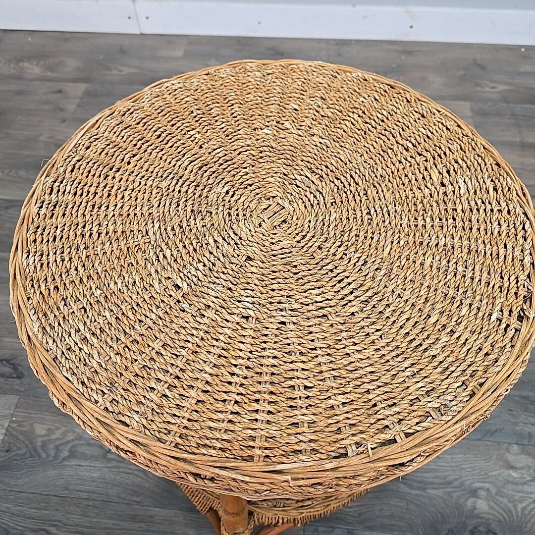 photo vinterior Vintage Rattan Side Table Round Two Tier Wicker Boho Lamp Plant Stand Retro