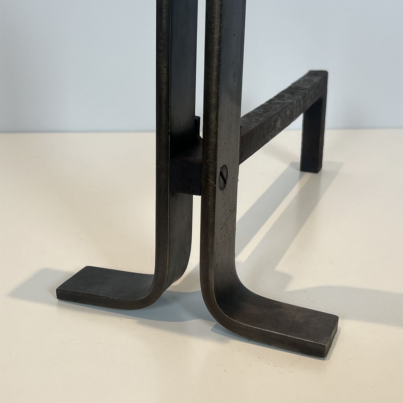 photo furniture Pair Of Modernist Steel And Wrought Iron Andirons