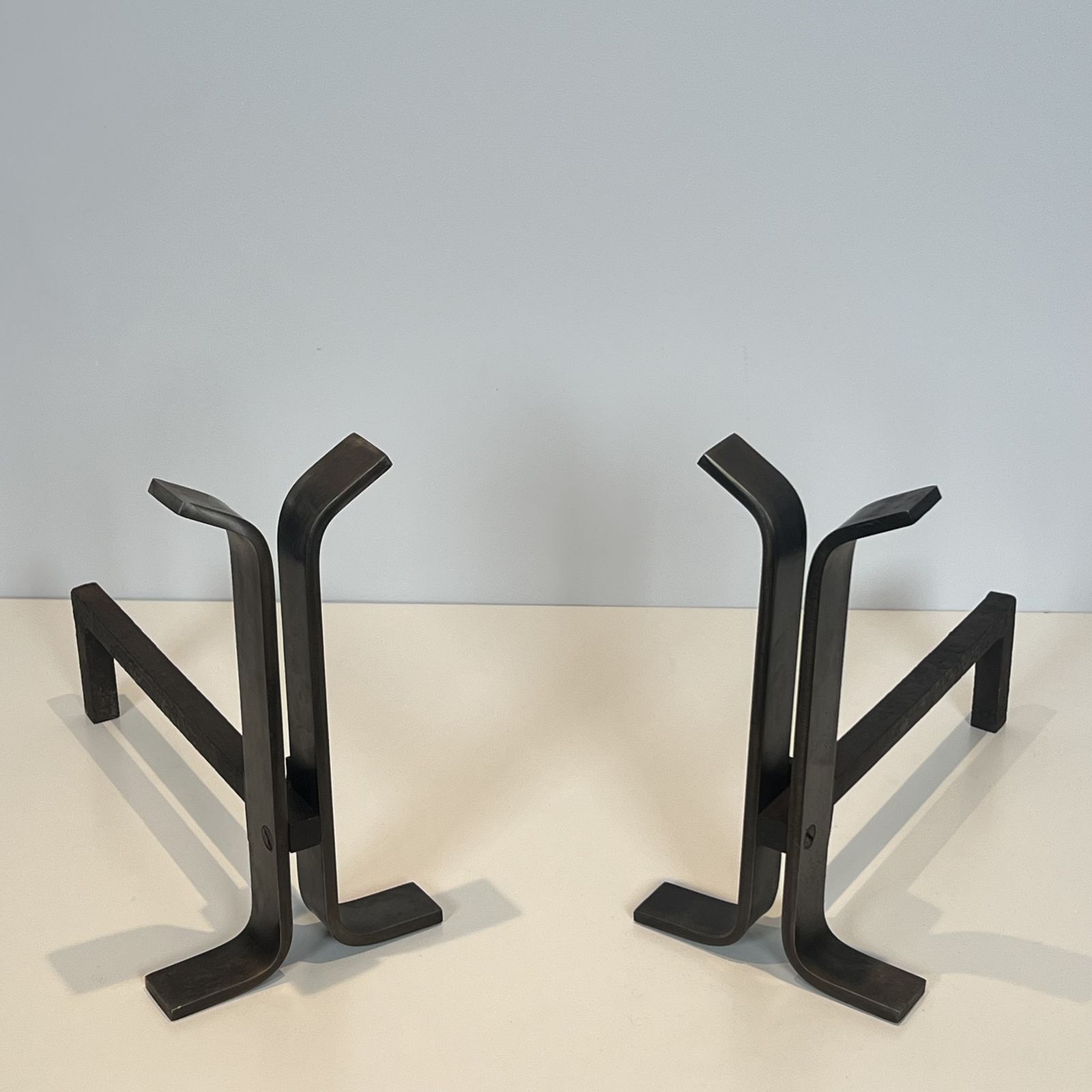 photo vinterior Pair Of Modernist Steel And Wrought Iron Andirons