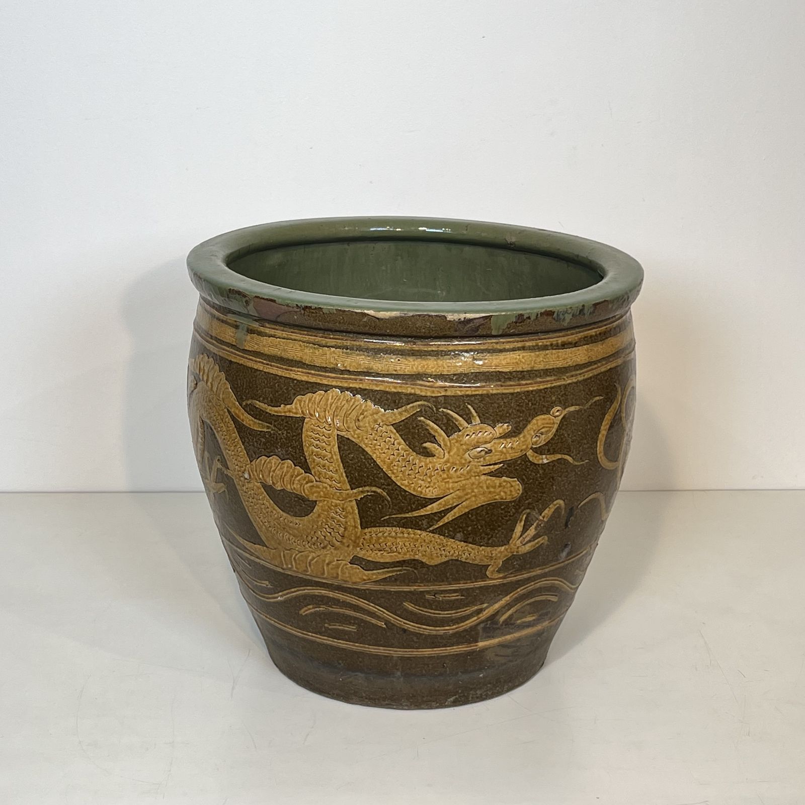 Large Chinese Glazed Terracotta Planter Decorated With Dragons