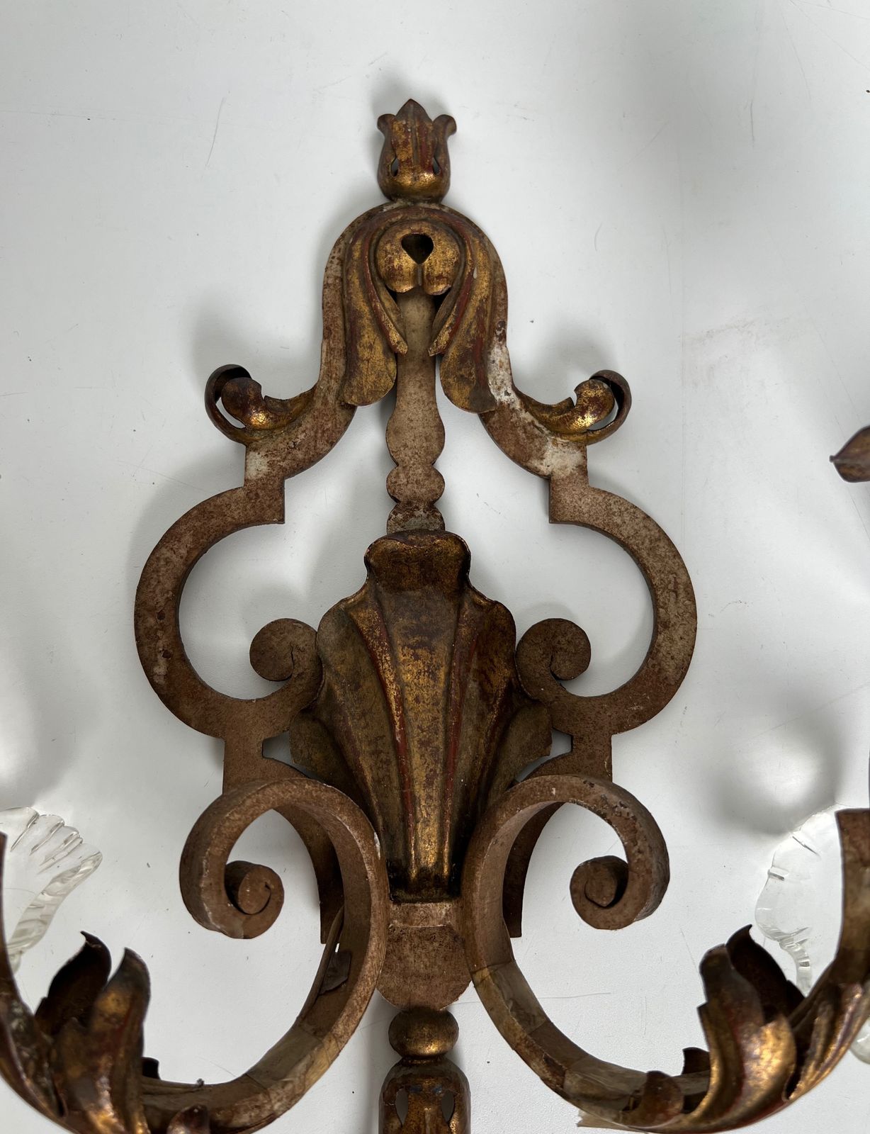 Pair Of Patinated Wrought Iron Wall Sconces With Gilded Acanthus Leaves And Crystals photo 1450.0
