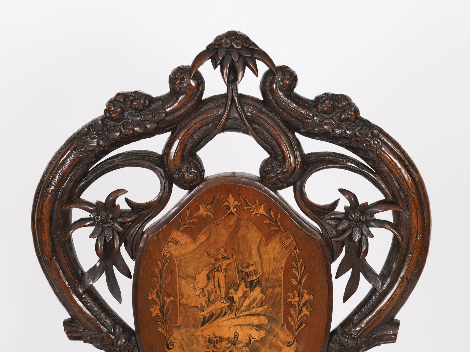 Antique Swiss Walnut Marquetry Inlaid Musical Chair 19th C photo vinterior
