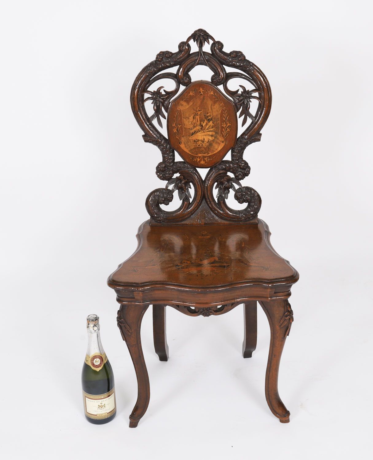 photo vintage Antique Swiss Walnut Marquetry Inlaid Musical Chair 19th C