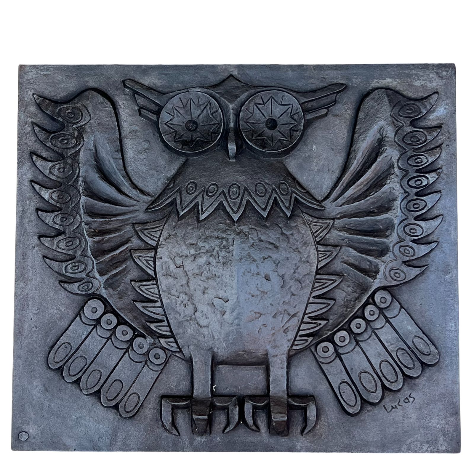 Home Fixtures Modernist Cast Iron Fireplace Backplate, Owl Design, Signed Lucas By The Stern Foundry photo