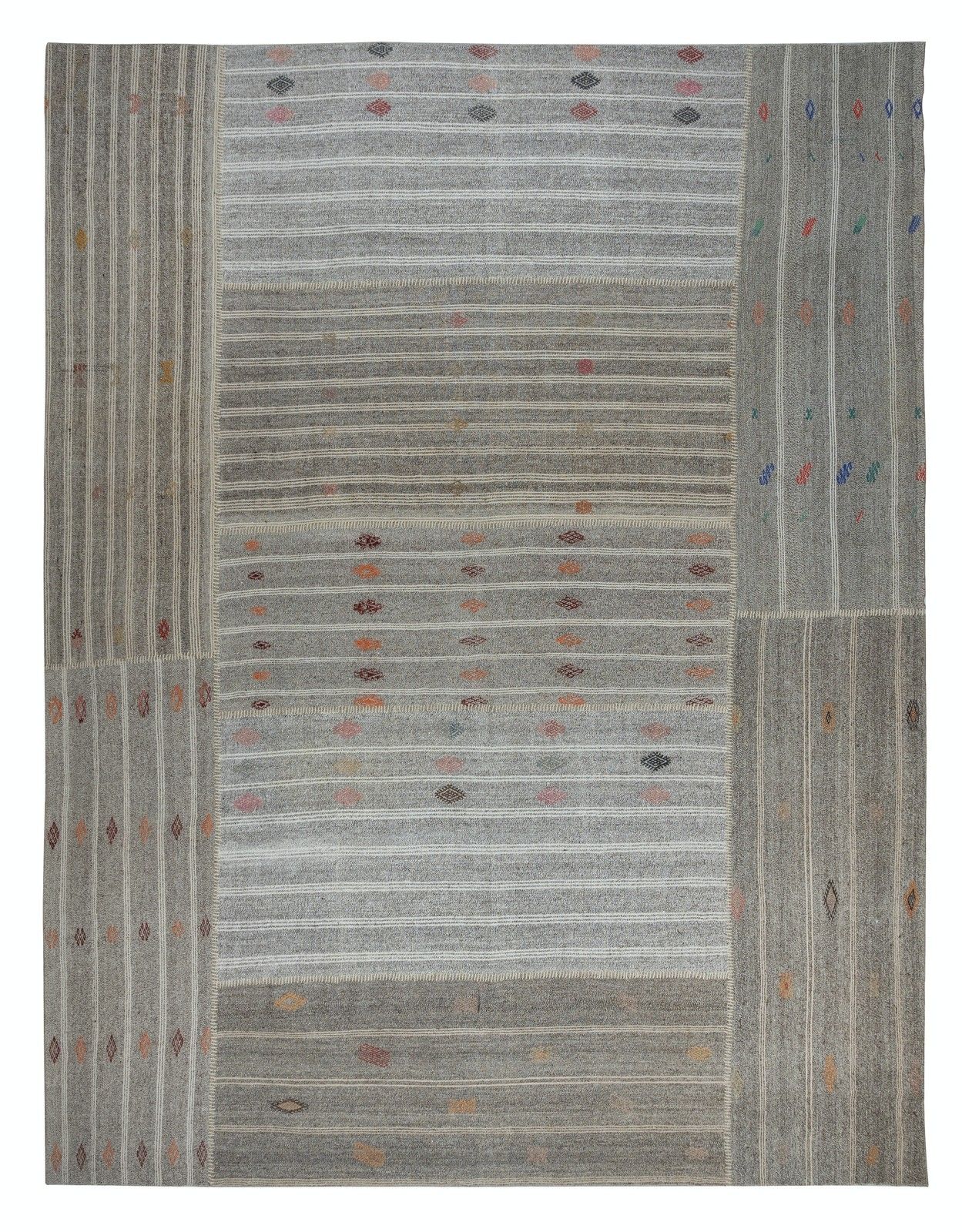 12x14.2 Ft Vintage Gray Kilim, Turkish Handwoven Cotton & Goat Hair Rug Carpet