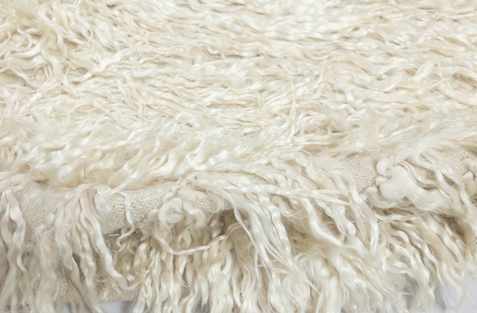 4.2x4.4 Ft Vintage Handmade Shag Pile Rug Made Of Natural Beige Mohair Wool photo vinterior