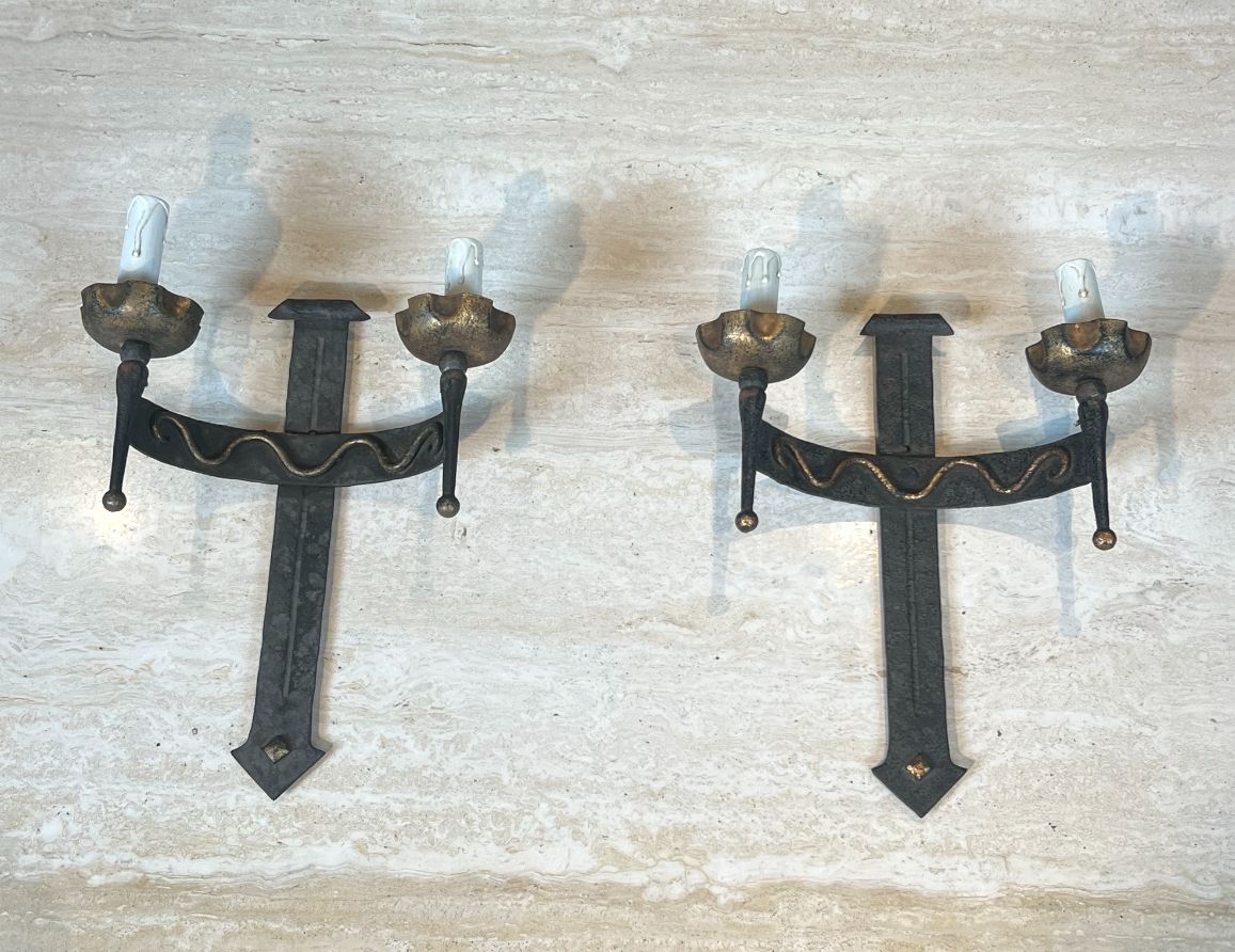 Pair Of Wrought Iron Wall Sconces With Coat Of Arms And Two Light Arms