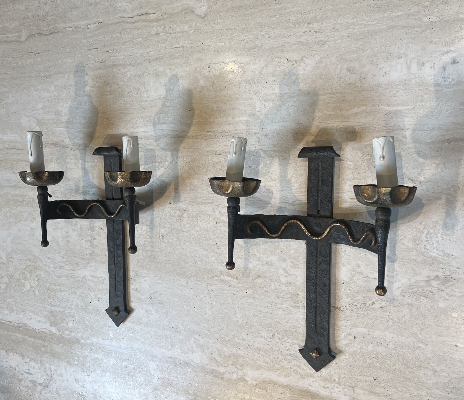Pair Of Wrought Iron Wall Sconces With Coat Of Arms And Two Light Arms photo Home Decor