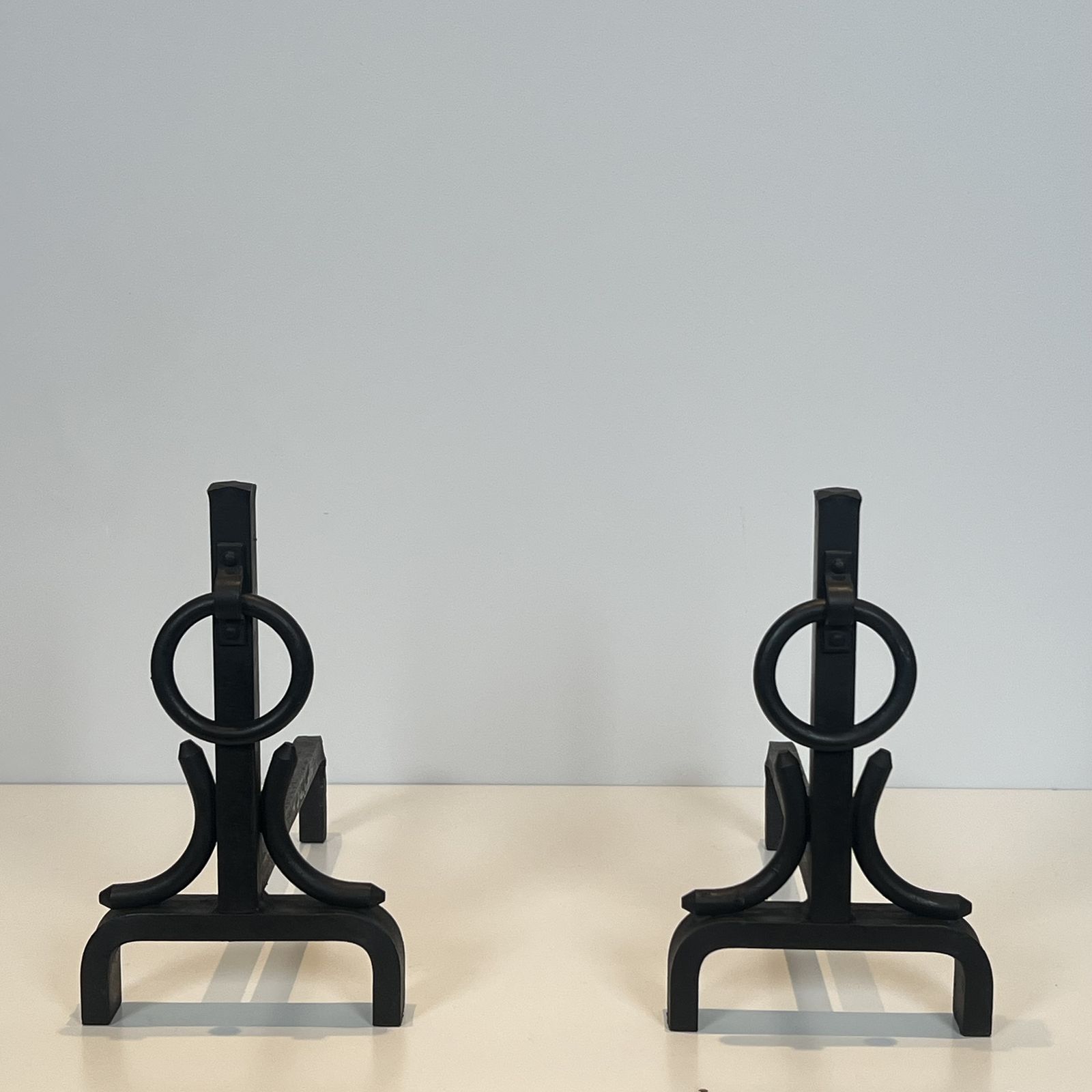 Pair Of Modernist Wrought Iron Andirons In The Style Of Jacques Adnet photo for sale