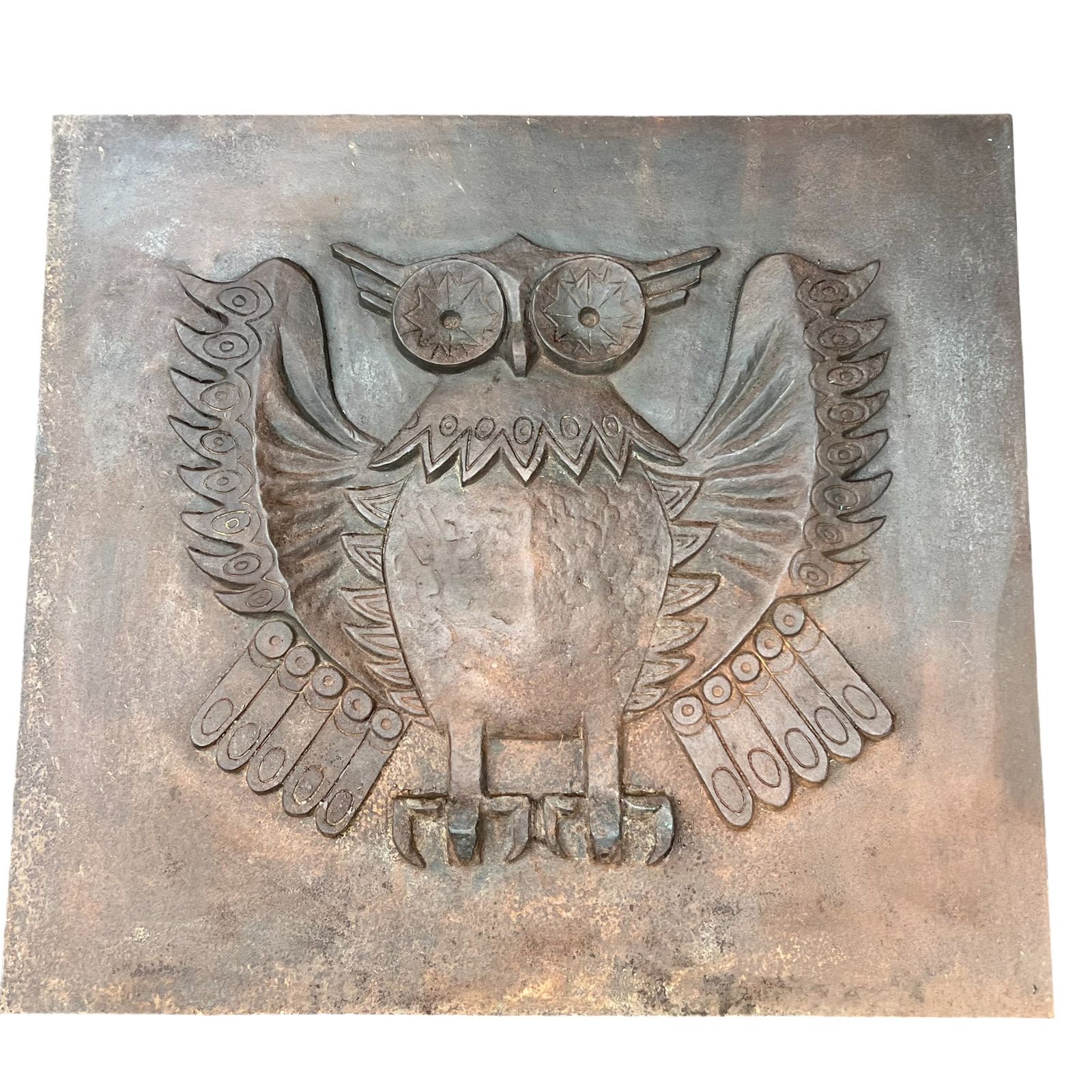 Important Modernist Cast Iron Fireback, Owl Model, Signed Lucas By The Stern Foundry