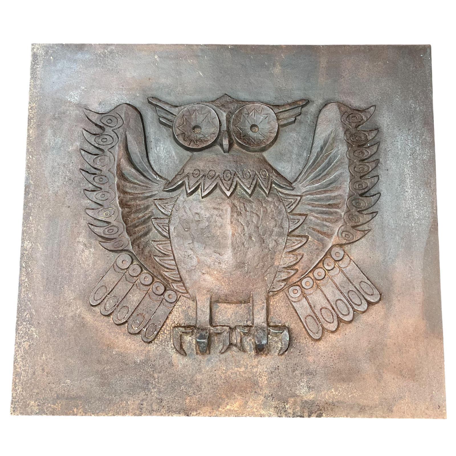 Home Fixtures Important Modernist Cast Iron Fireback, Owl Model, Signed Lucas By The Stern Foundry photo