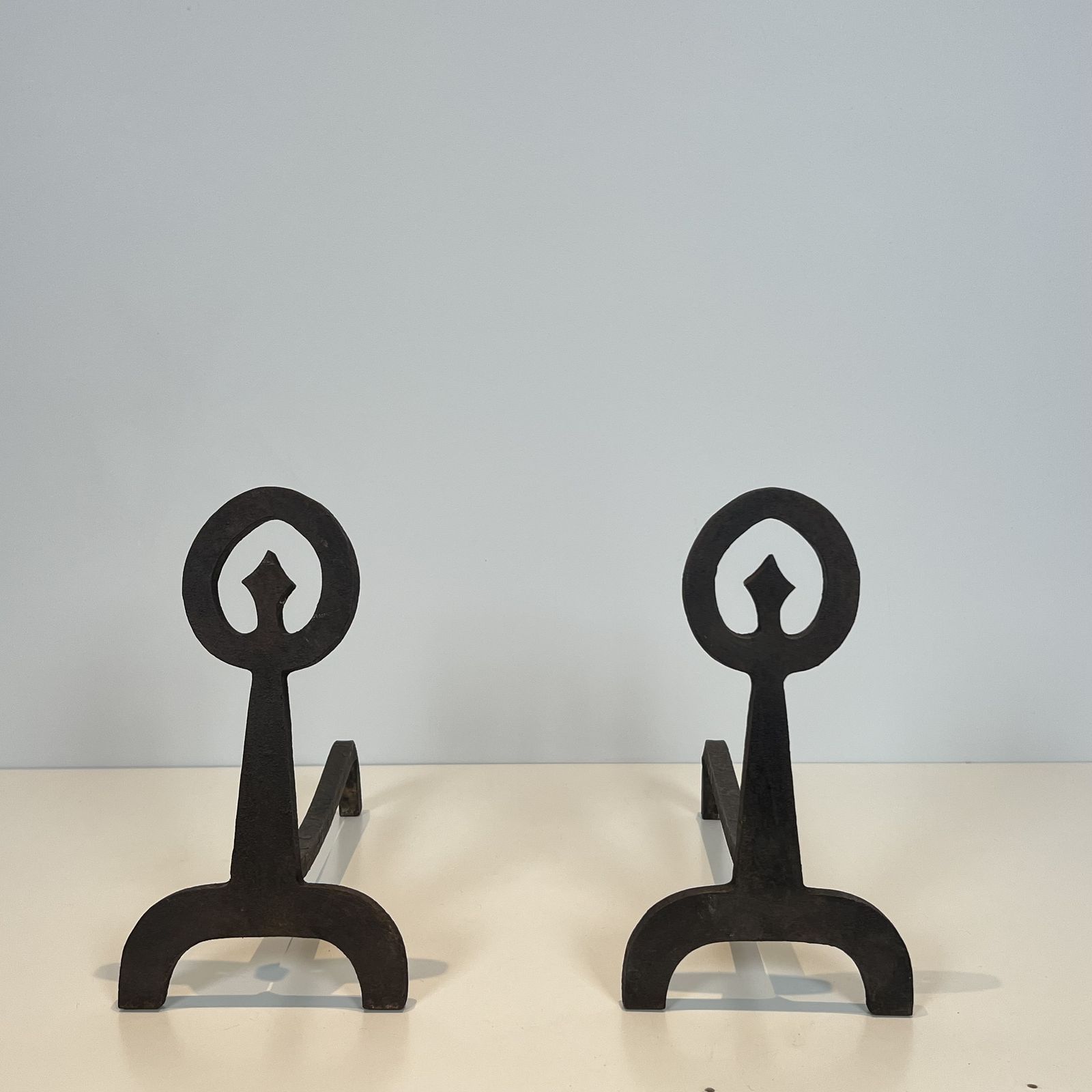 Pair Of Modernist Wrought Iron Andirons photo for sale