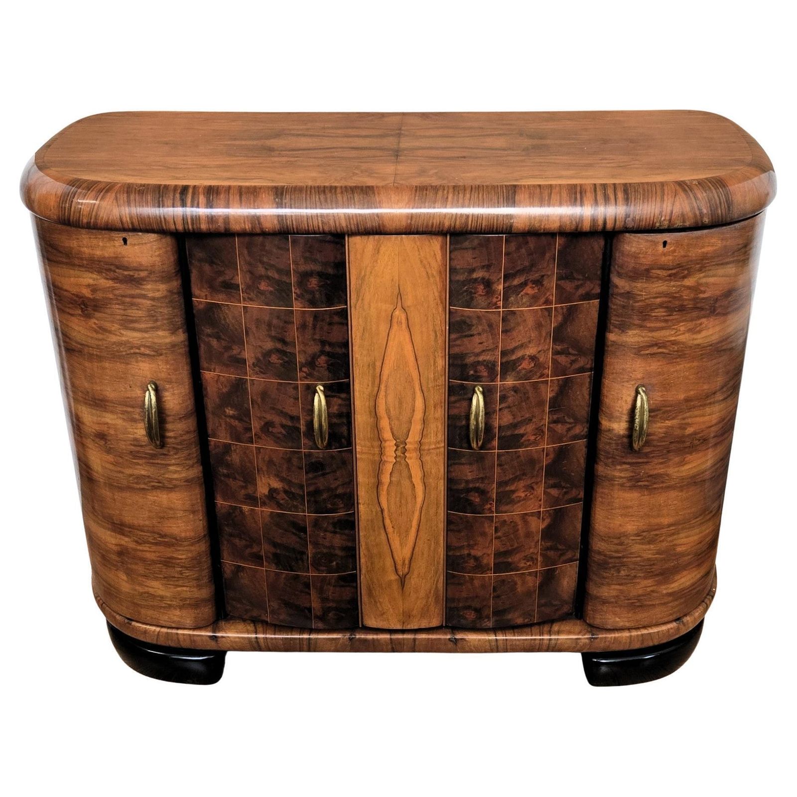 Italian 1940s Art Deco Mid Century Walnut Burl And Mirror Mosaic Dry Bar Cabinet