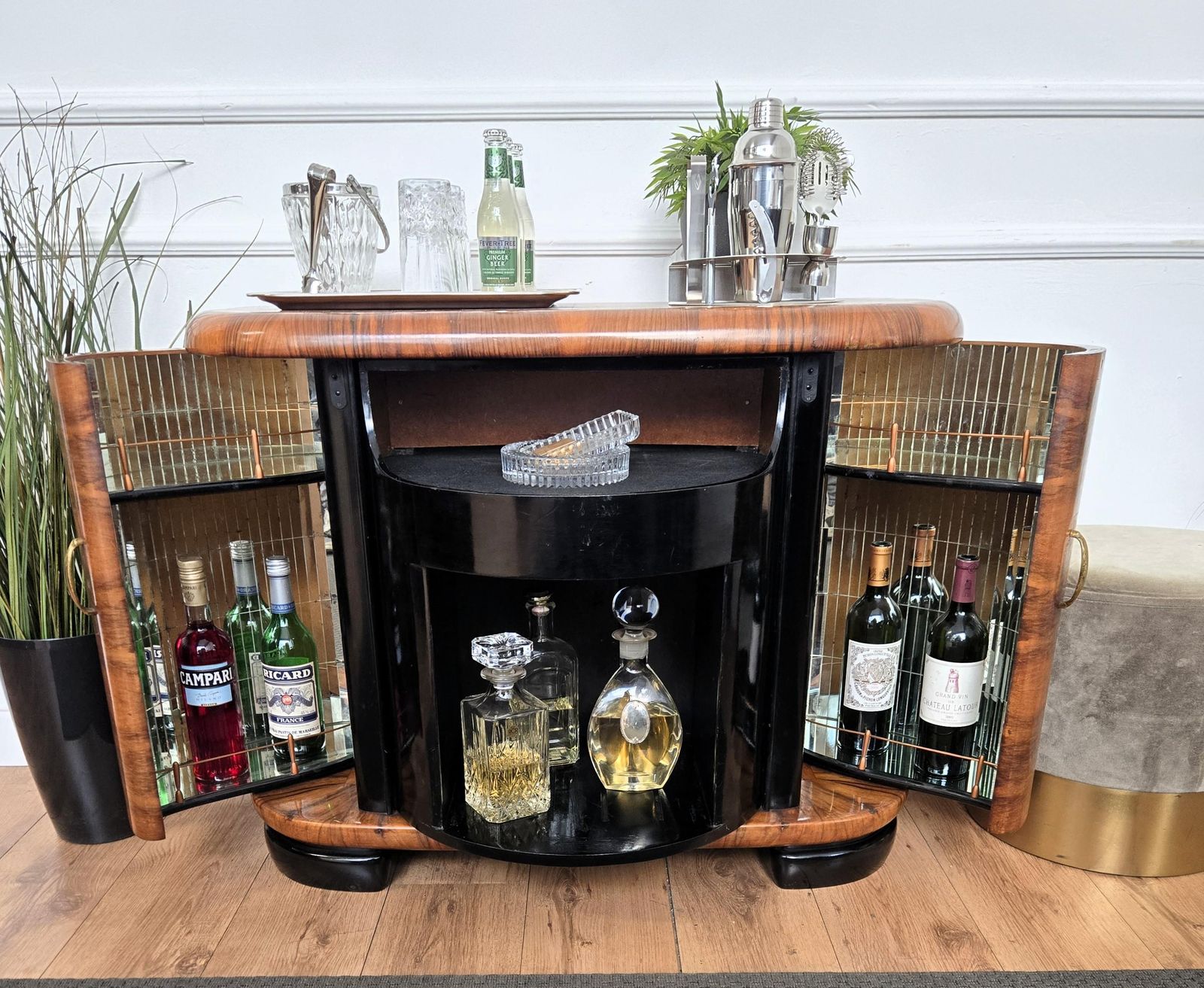 Italian 1940s Art Deco Mid Century Walnut Burl And Mirror Mosaic Dry Bar Cabinet photo Furniture