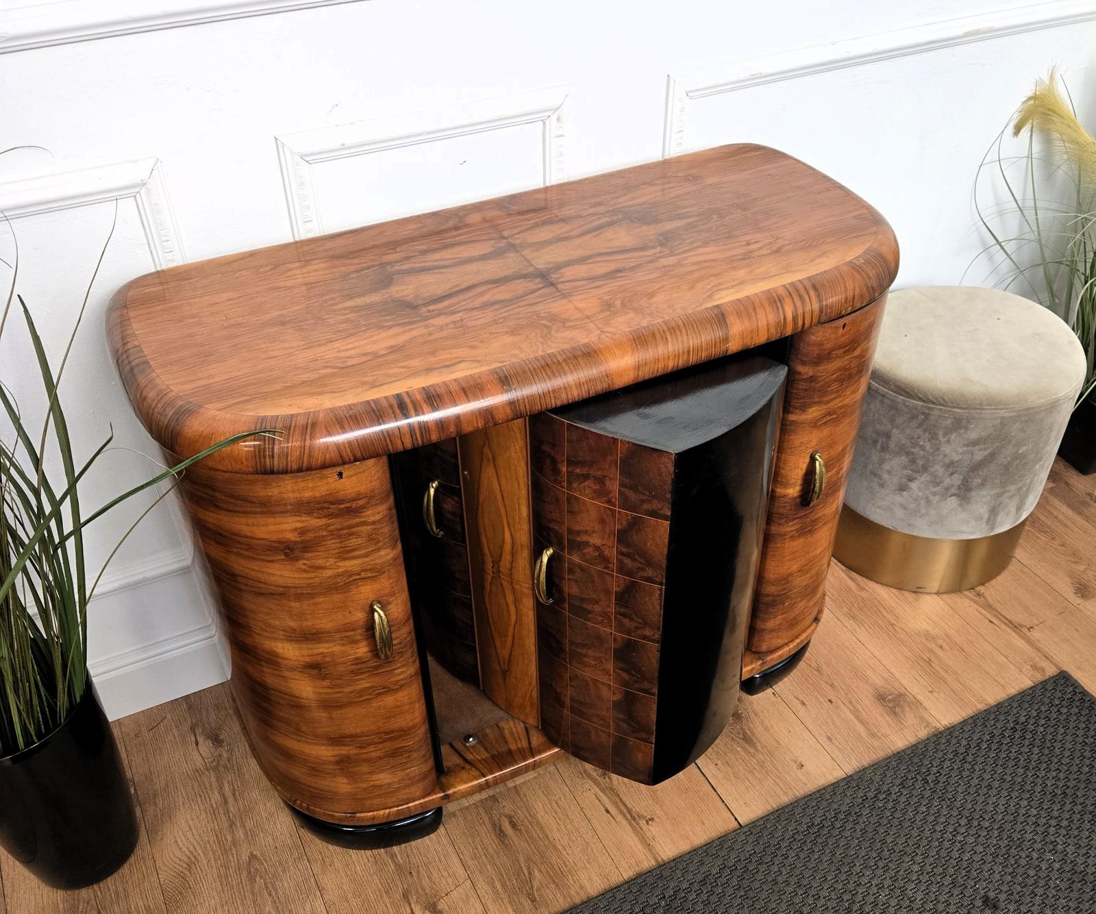 photo for sale Italian 1940s Art Deco Mid Century Walnut Burl And Mirror Mosaic Dry Bar Cabinet