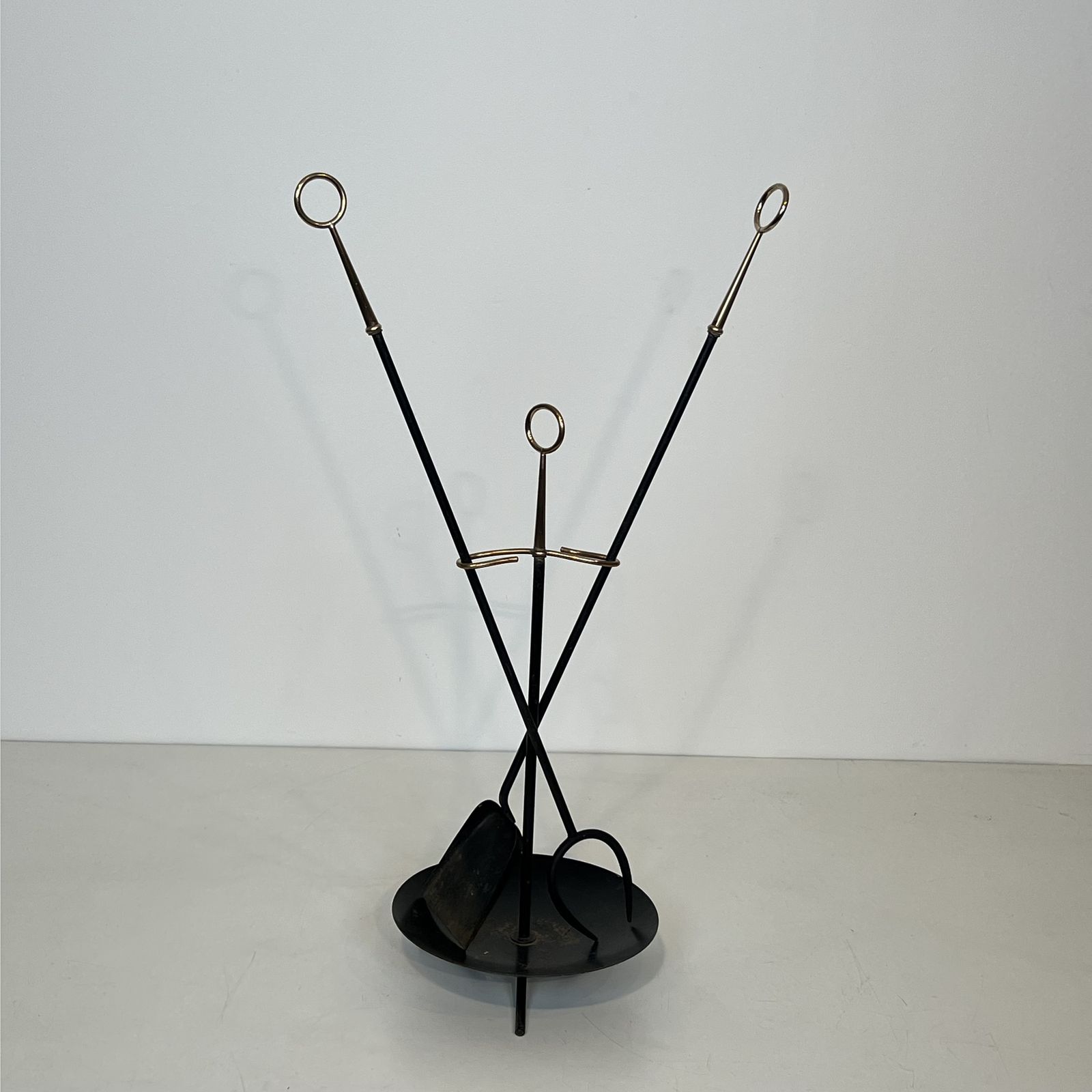 Fire Set, Designer Style, In Black Lacquered Metal And Brass