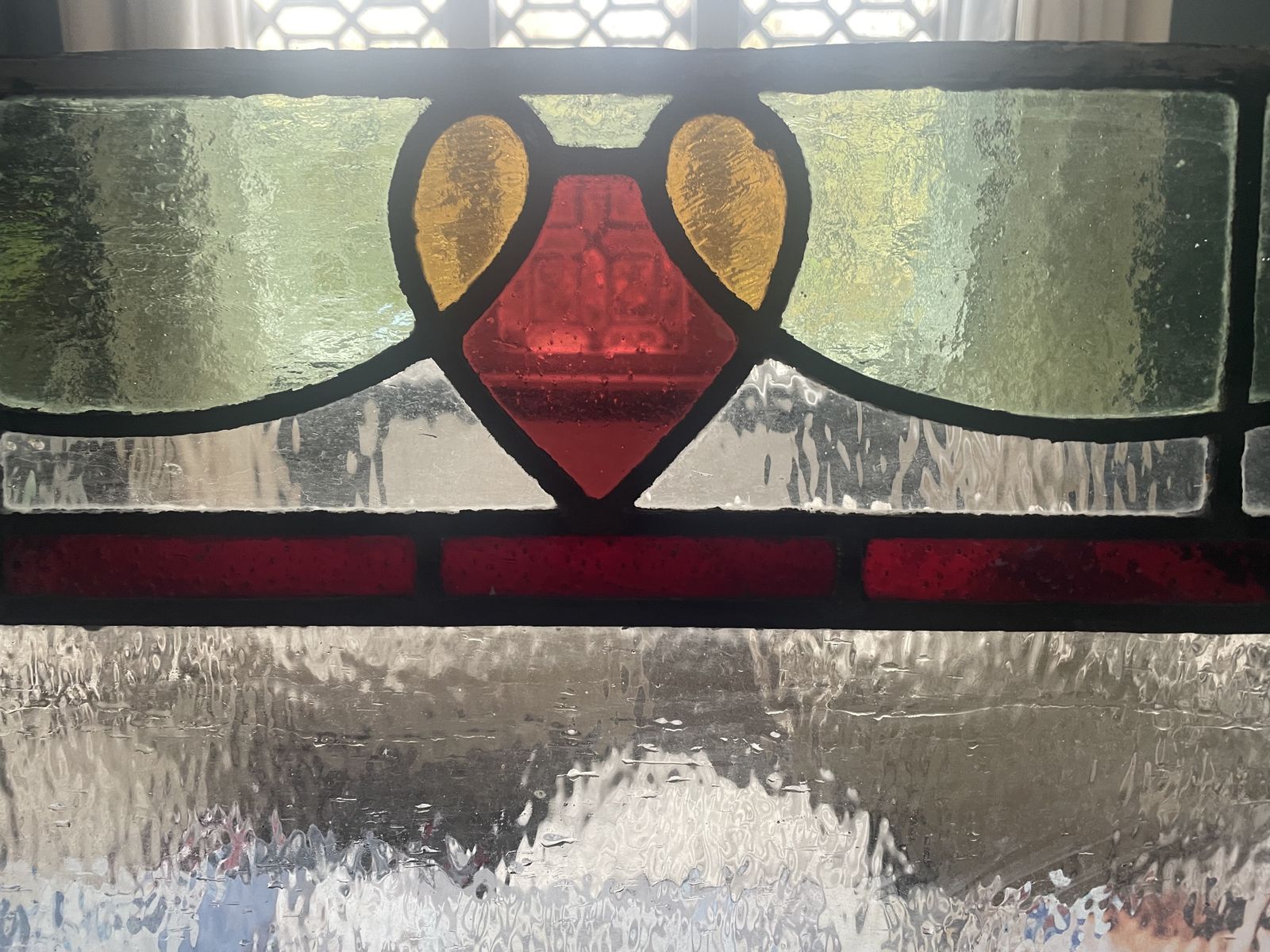 Large Architectural Antique Stained Glass Window Panel   Ruby Red Border And Stylised Heart Motif Pattern photo 1850.0