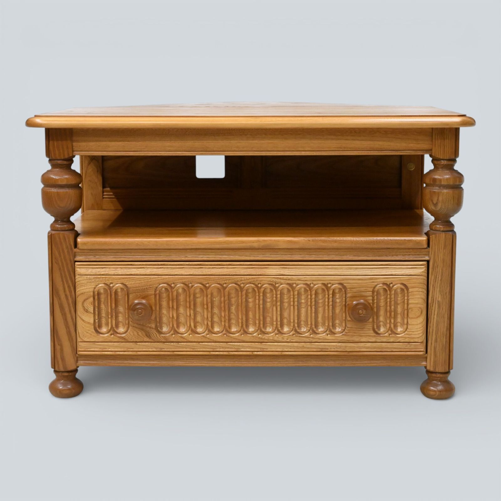 photo buy Ercol Tv Stand Video Cabinet Back Flap For Corner Use Light Finish Free Delivery