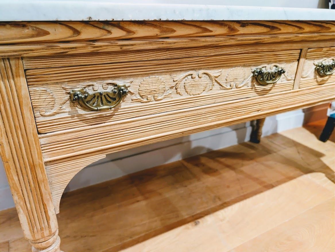 19th Century Marble Top, Hand Carved Pitch Pine Table By John Reid & Sons photo 820.0