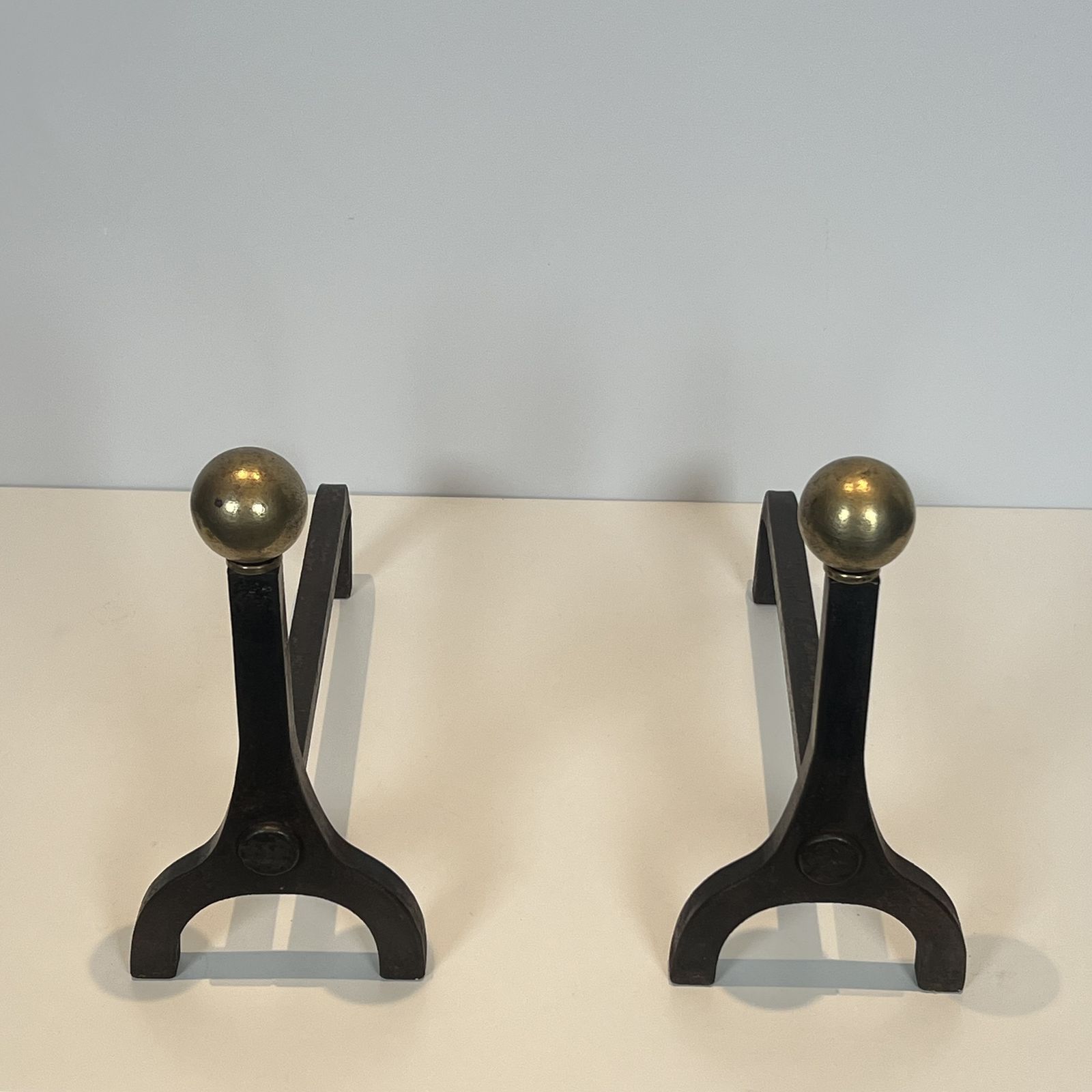 Pair Of Modernist Andirons In Steel, Wrought Iron And Brass By Jacques Adnet photo 2800.0