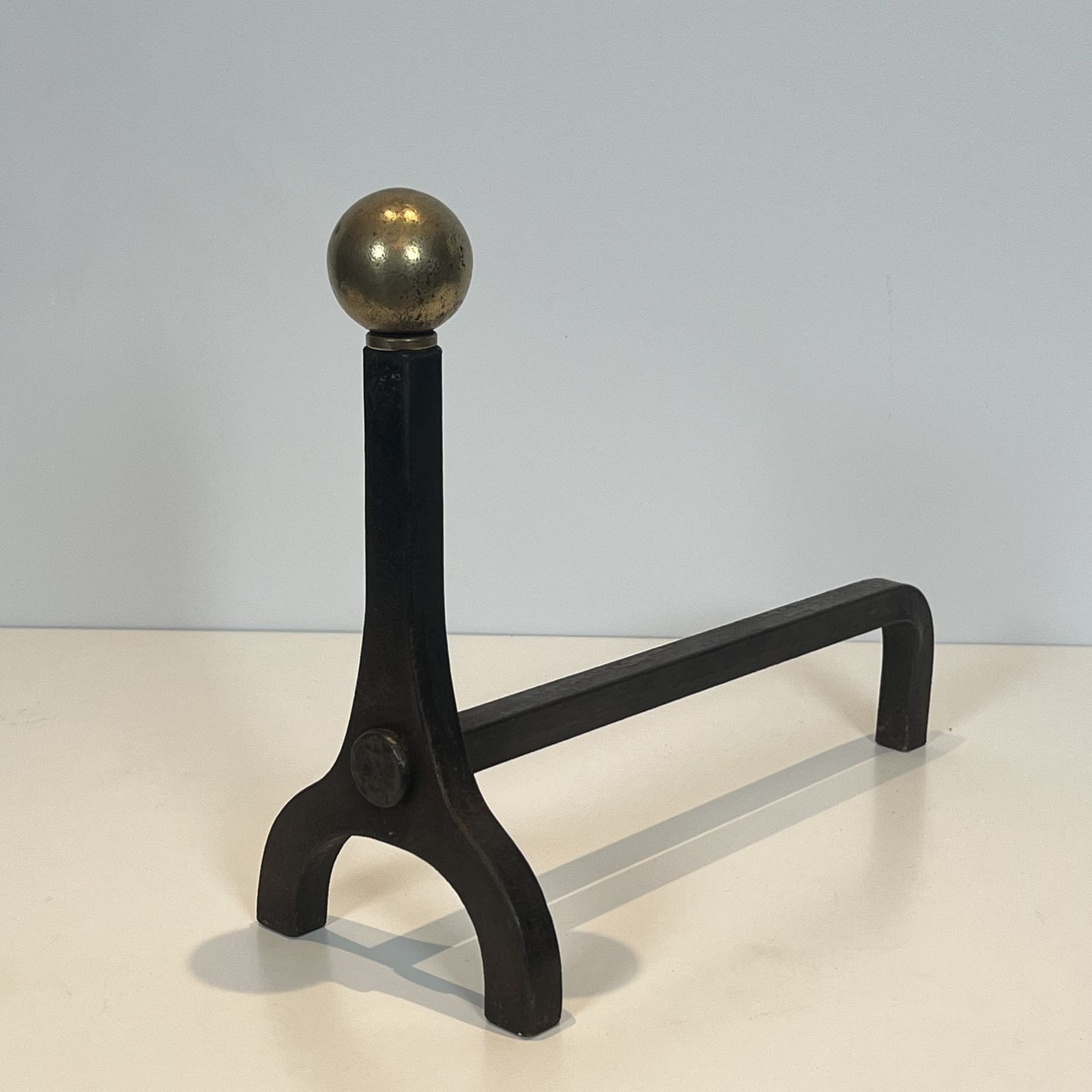 Pair Of Modernist Andirons In Steel, Wrought Iron And Brass By Jacques Adnet photo vinterior