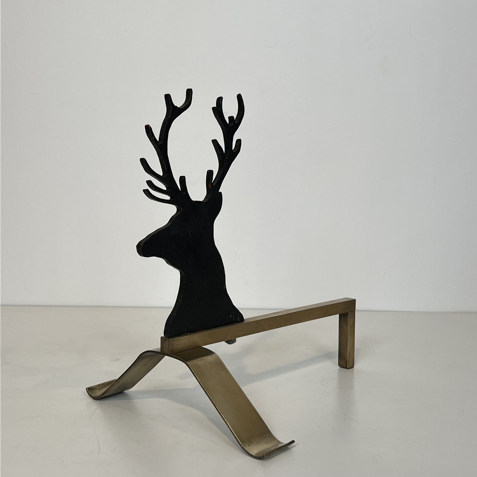 Pair Of Stag Andirons In Black Lacquered Steel And Brass photo buy