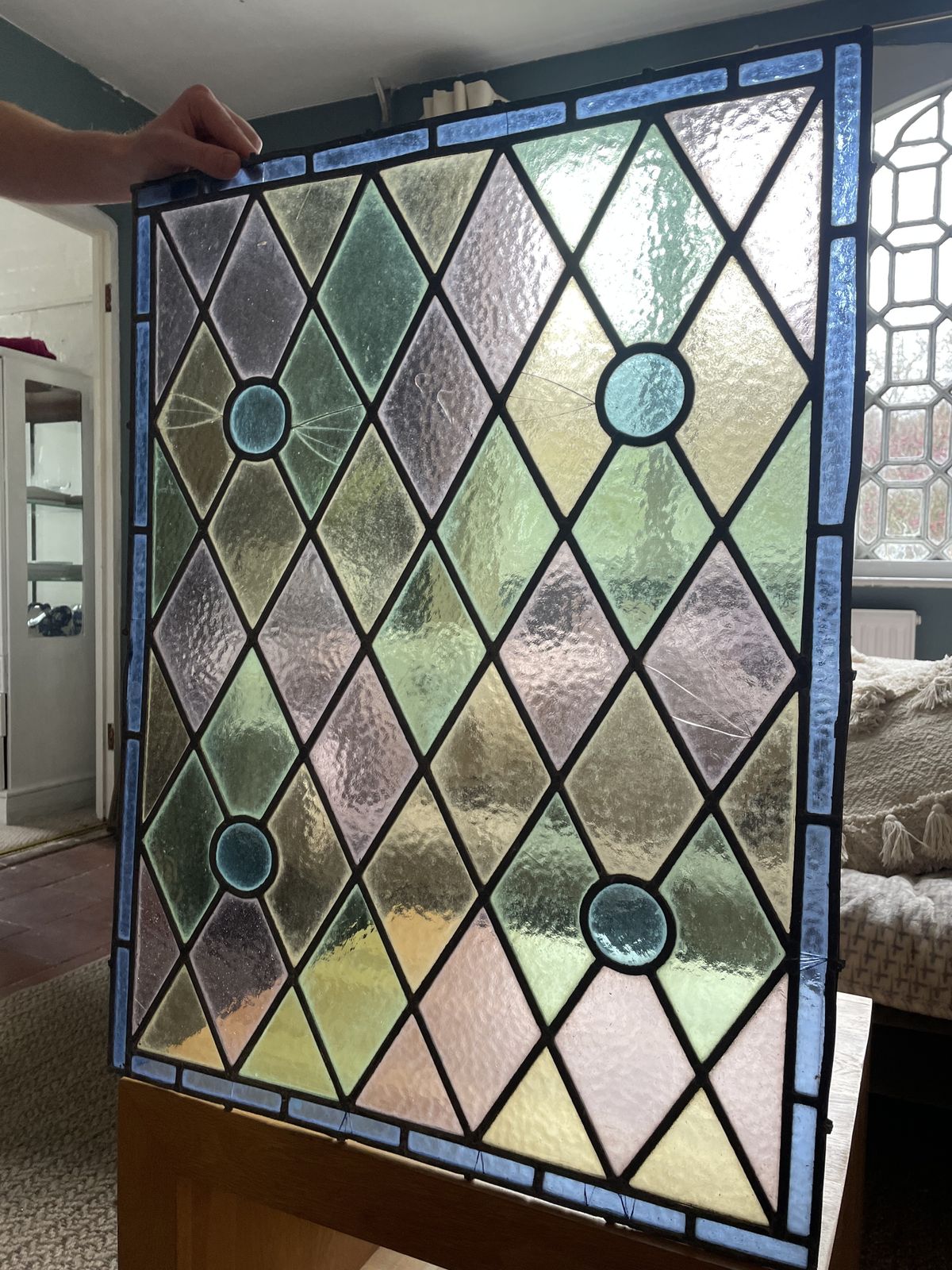 Large Edwardian Pastel Diamond Quarry Leaded Window With Circular Bullseye Motifs photo furniture