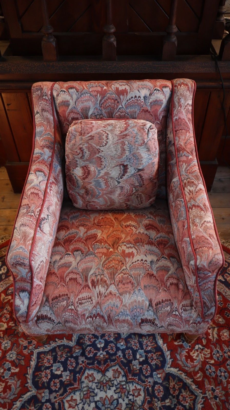 photo for sale Howard & Sons Buttoned Georgian Open Armchair In Pecock Tail Abstract Fabric