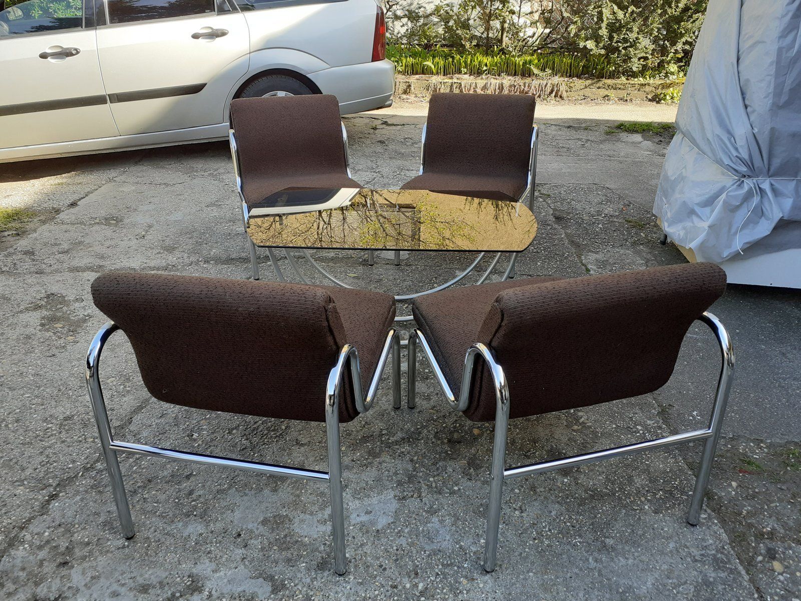 Hungarian Chrome Plated Metal Table And Dining Chairs Set, 1960s, Set Of 5 photo for sale