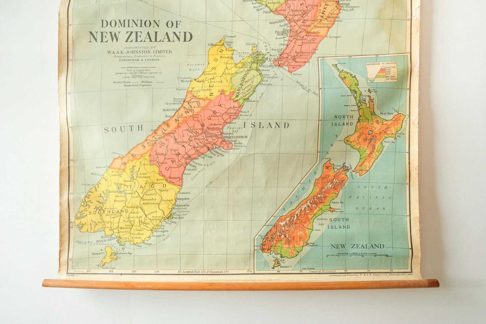 Original 1950s Vintage Mid Century British Educational School Wall Chart New Zealand Map Beautiful W Ak Johnston photo 308.0