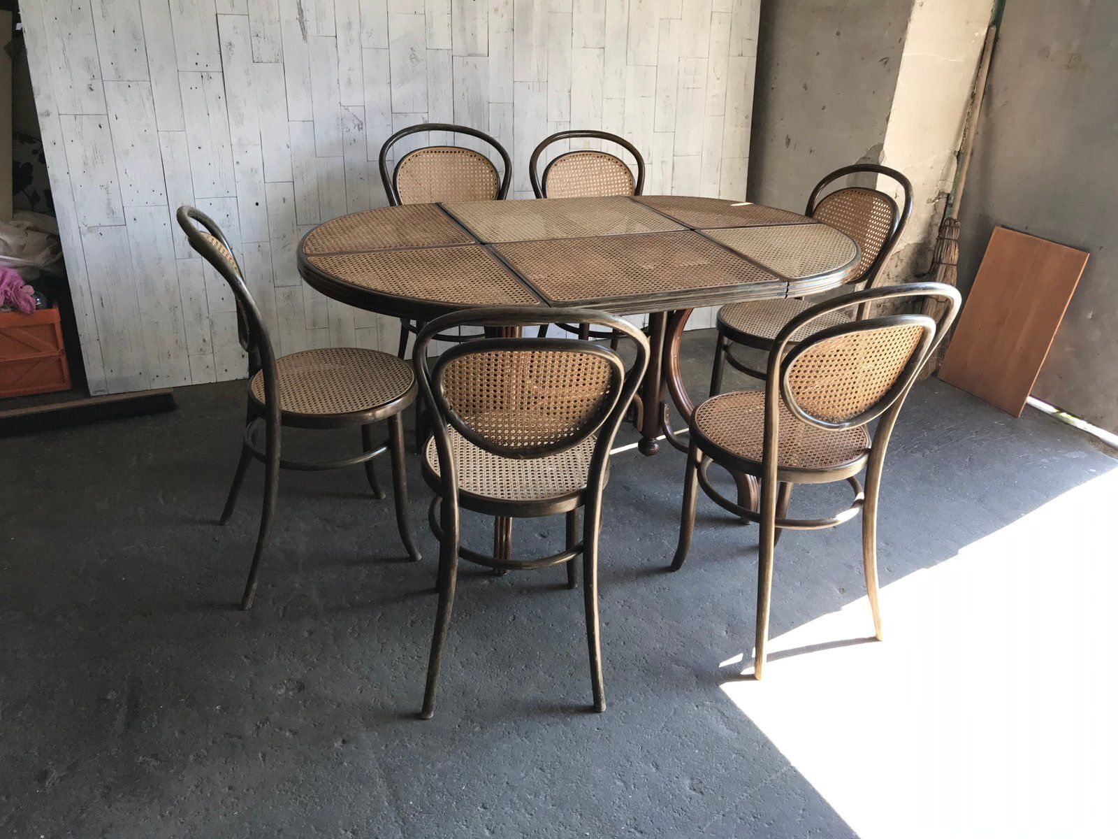 Oval Dining Chairs & Table In Wood Cane, Germany, 1960s, Set Of 7