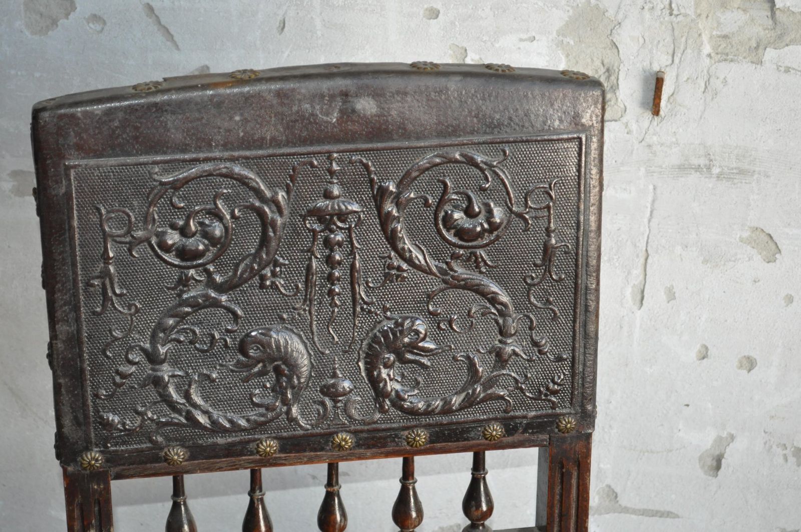 Set Of Antique Hungarian Embossed Leather Dining Chairs photo furniture