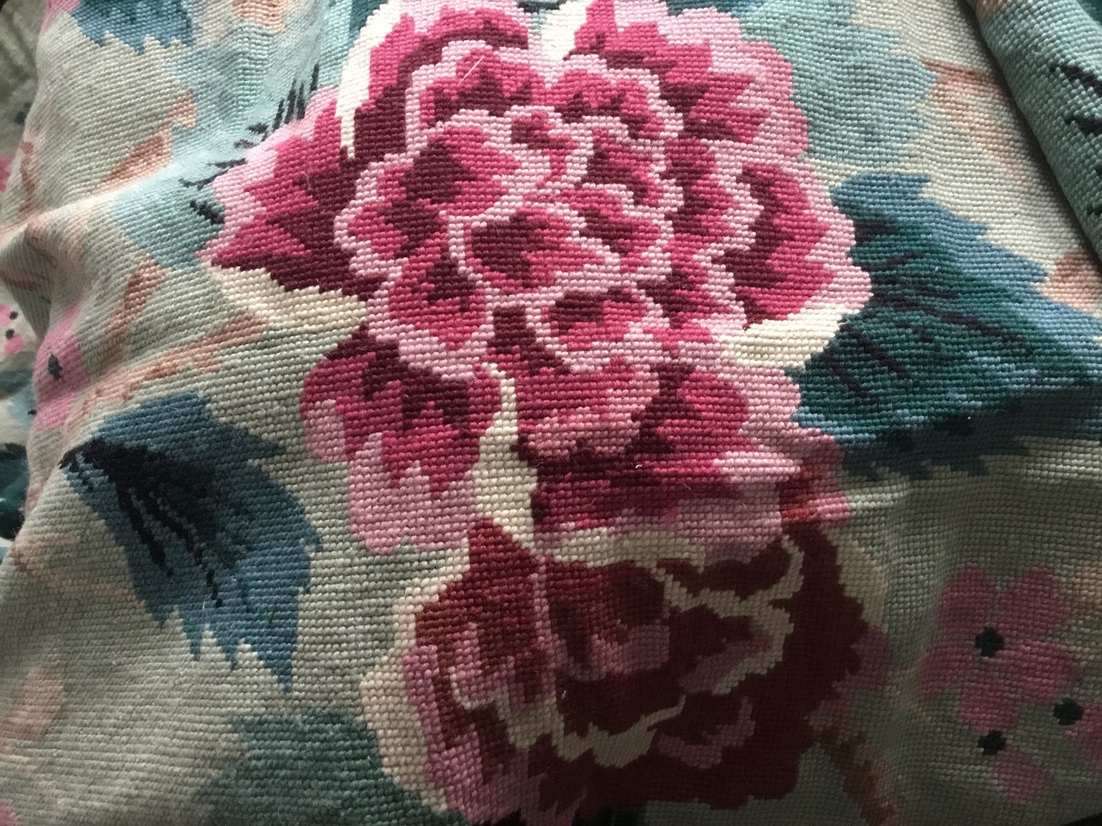 Aqua, Black  And Rose Floral Needlepoint Rug photo for sale