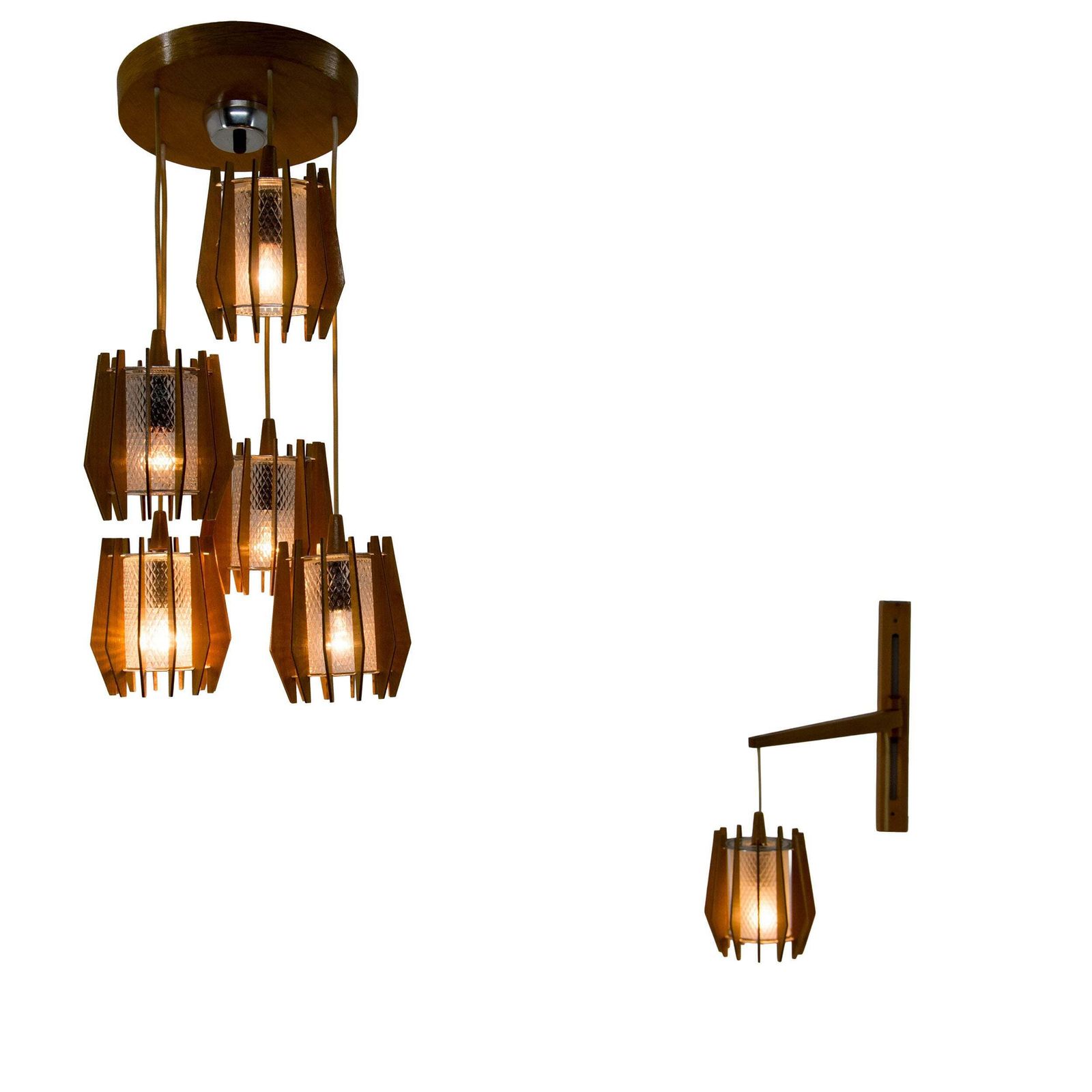 1970s Czechoslovakian Chandelier & Wall Lamp By Dřevo Humpolec