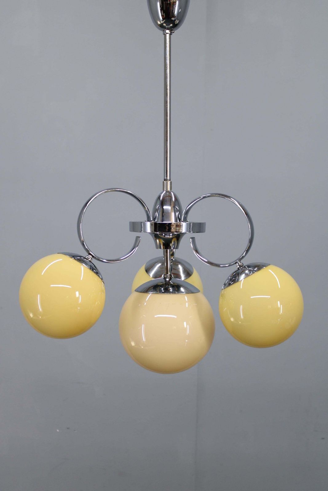 Art Deco Chrome And Champagne Glass Chandelier, Czechoslovakia, 1930s photo for sale