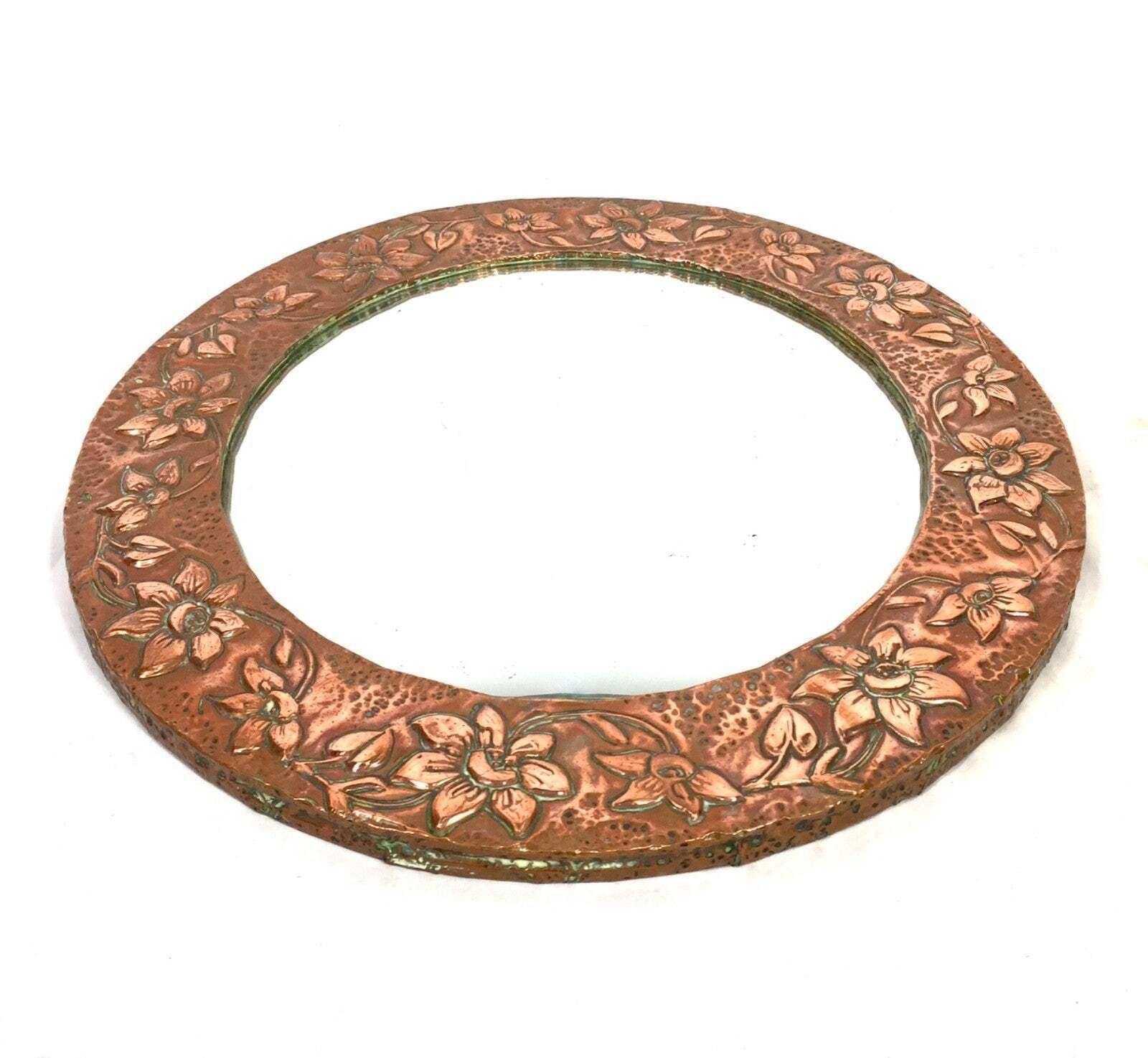 Antique Arts & Crafts Copper Metal Circular Wall Hanging Mirror C.1920