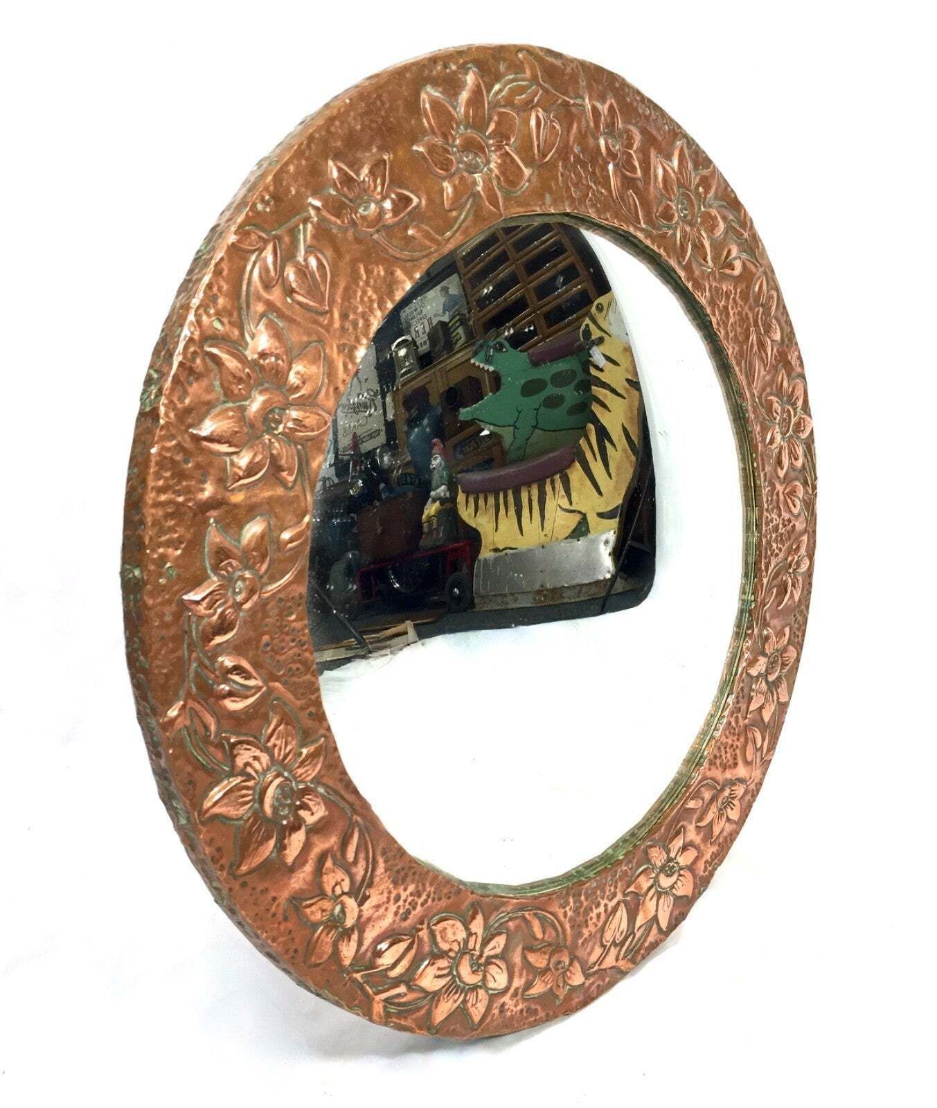 Antique Arts & Crafts Copper Metal Circular Wall Hanging Mirror C.1920 photo furniture