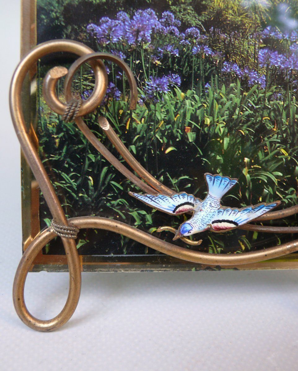 Art Nouveau Picture Frame With Seagull In Brass And Enamel, D.R.G.M, Germany photo vintage