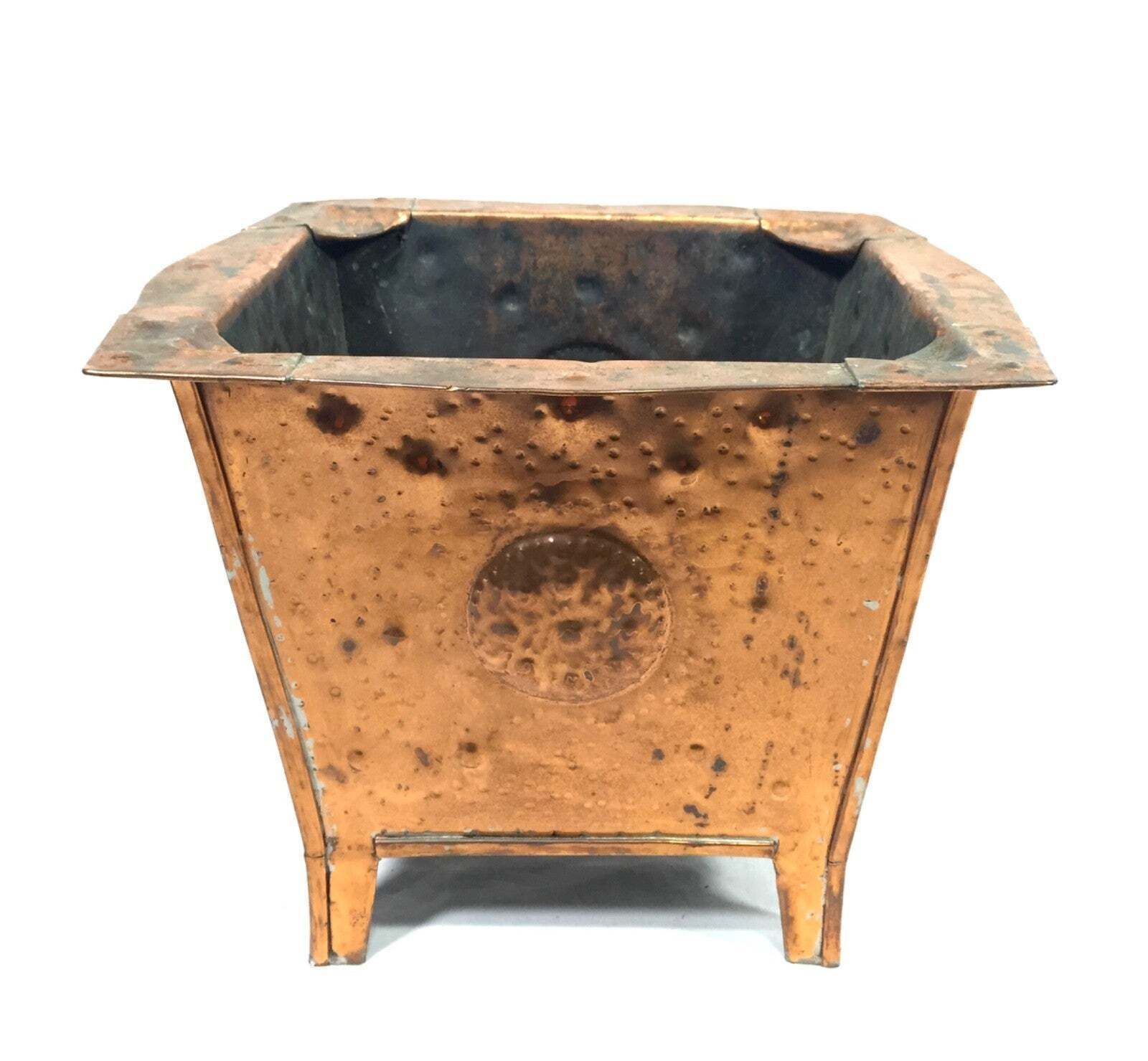 Antique Art Nouveau Copper Planter / Plant Pot / Arts & Crafts Log Basket Bucket photo vinterior