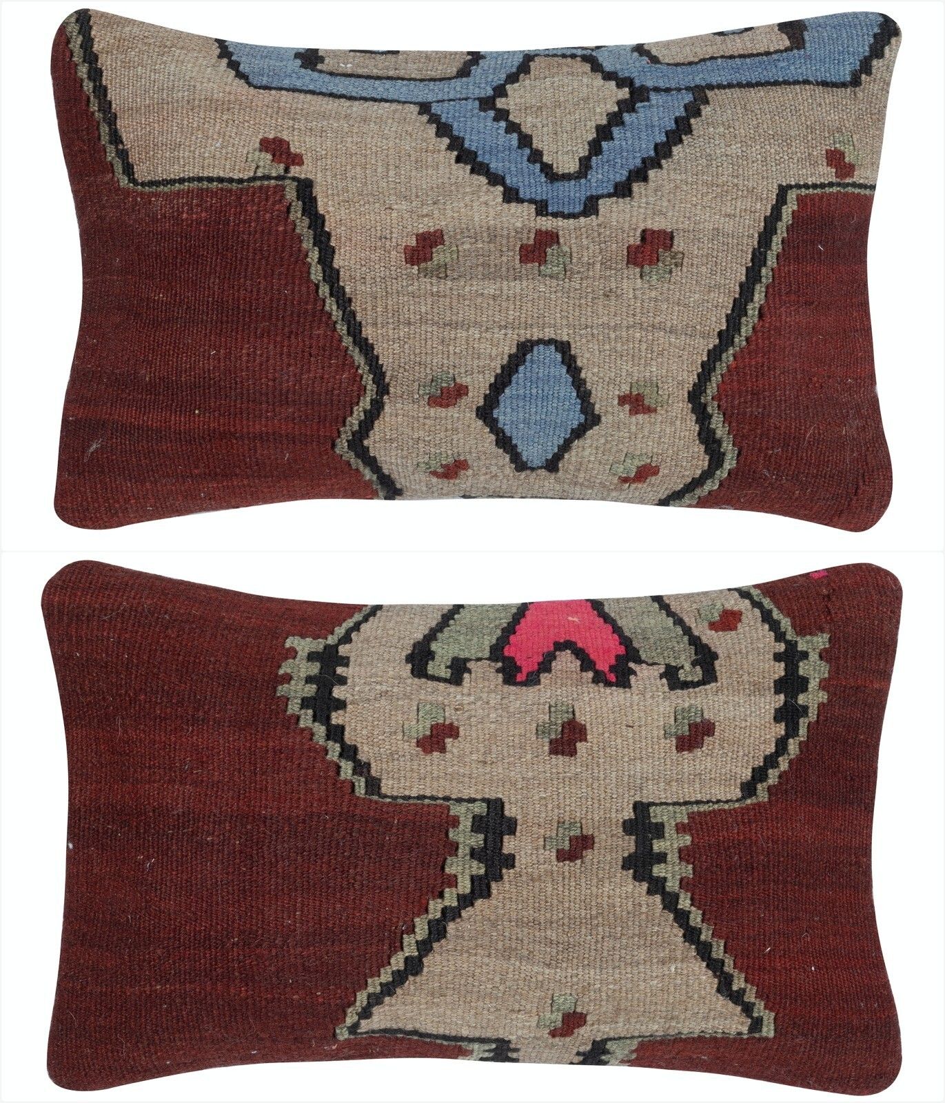 12"X20" Set Of 2   Handmade Wool Kilim Cushion Covers. A Pair Of Lumbar Pillows