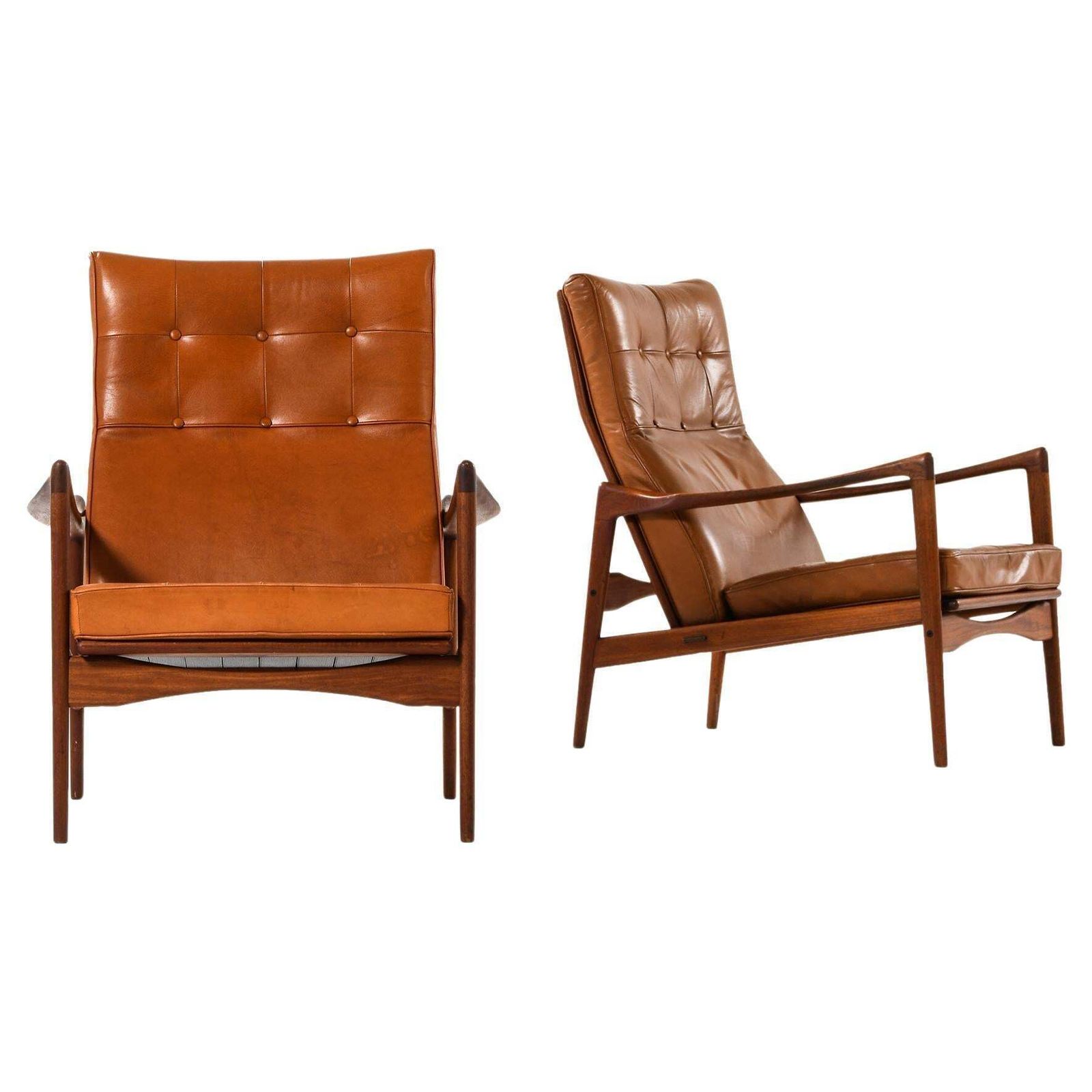 Set Of 2 Easy Chairs Leather And Teak By Ib Kofod Larsen, 1960s