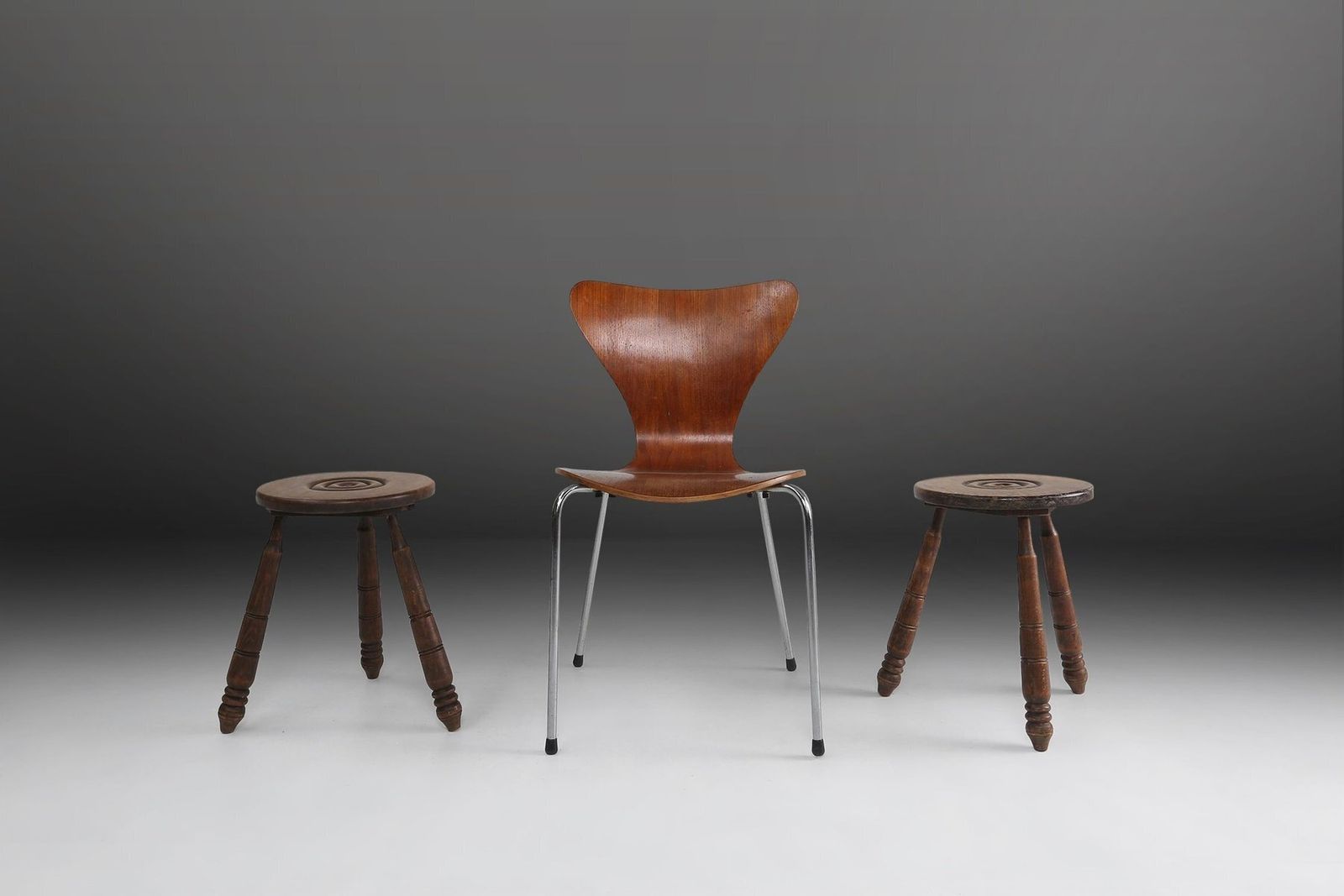 photo for sale Vintage Brutalist Low Oak Tripod Stool, Belgium, 1960s